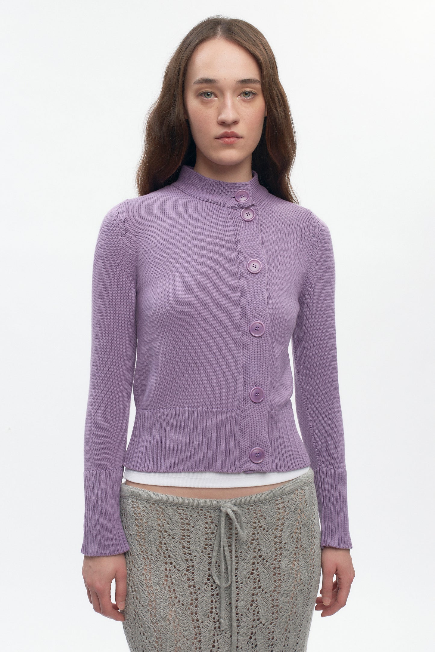 Women's Asymmetric Button Cardigan in Mauve