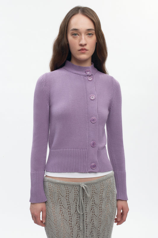 Women's Asymmetric Button Cardigan in Mauve