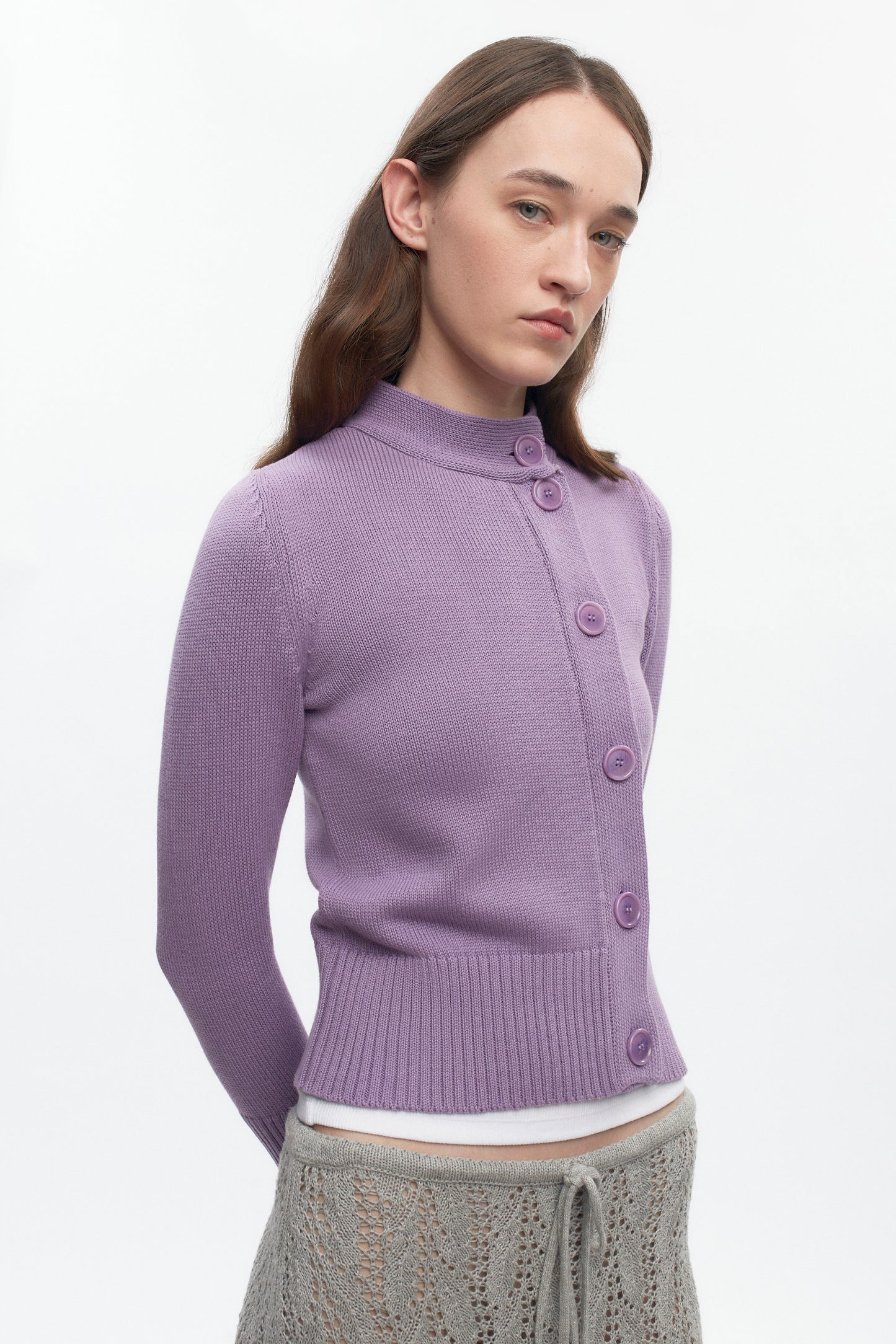 Women's Asymmetric Button Cardigan in Mauve