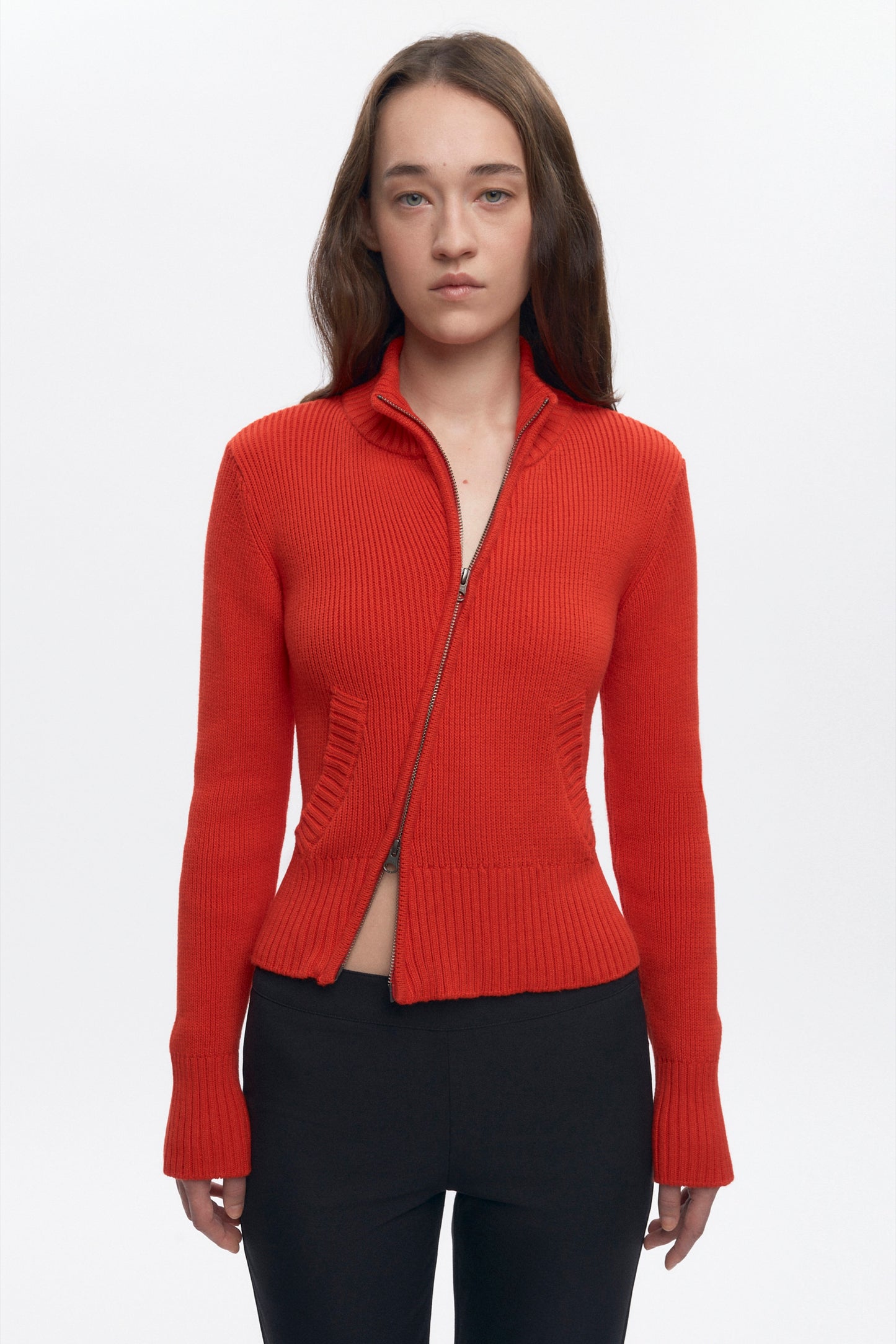 Women's Asymmetric Zip Sweater in Fiery Red