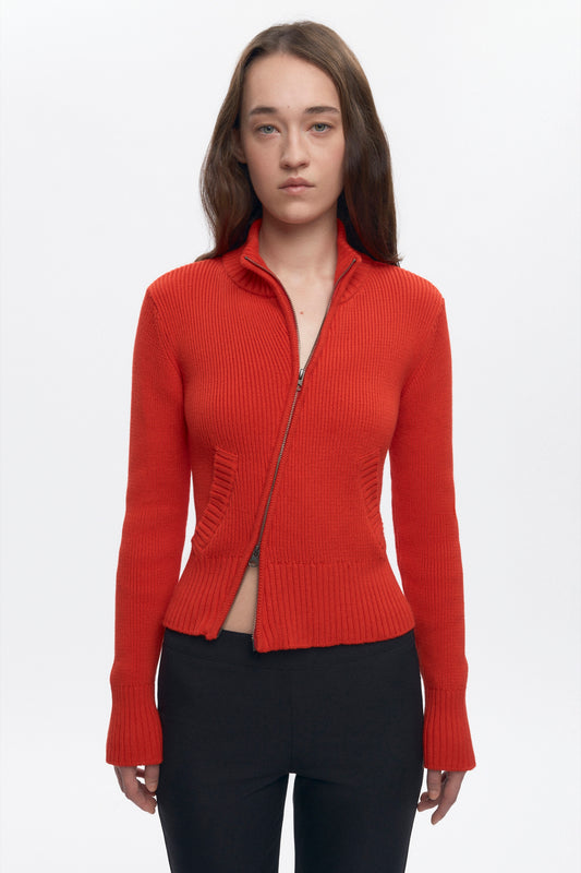 Women's Asymmetric Zip Sweater in Fiery Red