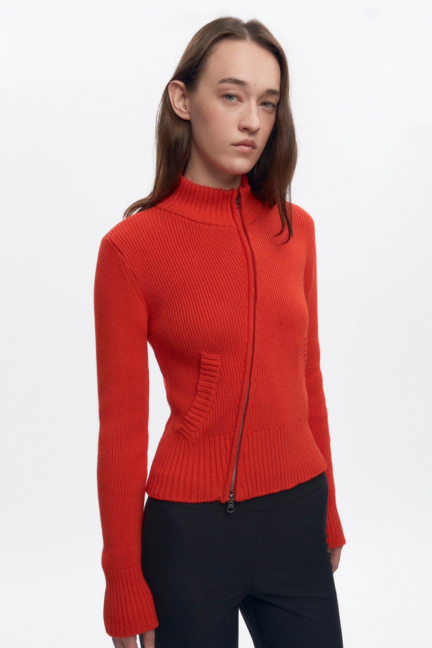 Women's Asymmetric Zip Sweater in Fiery Red