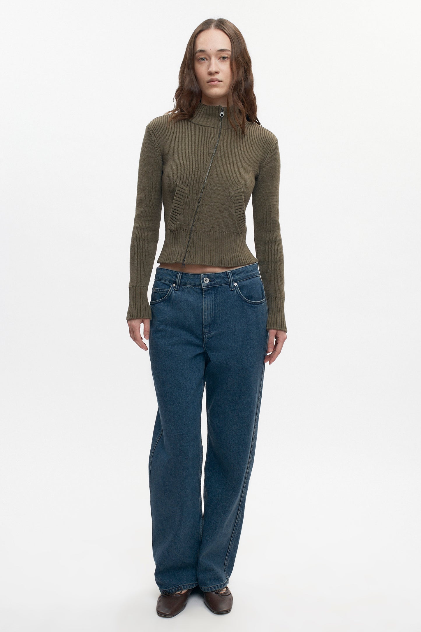 Women's Asymmetric Zip Sweater in Olive