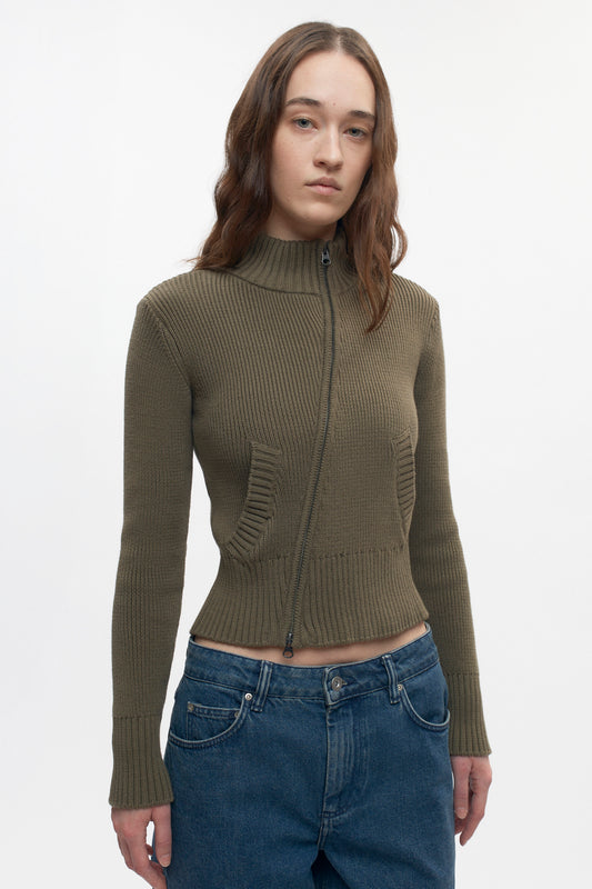 Women's Asymmetric Zip Sweater in Olive