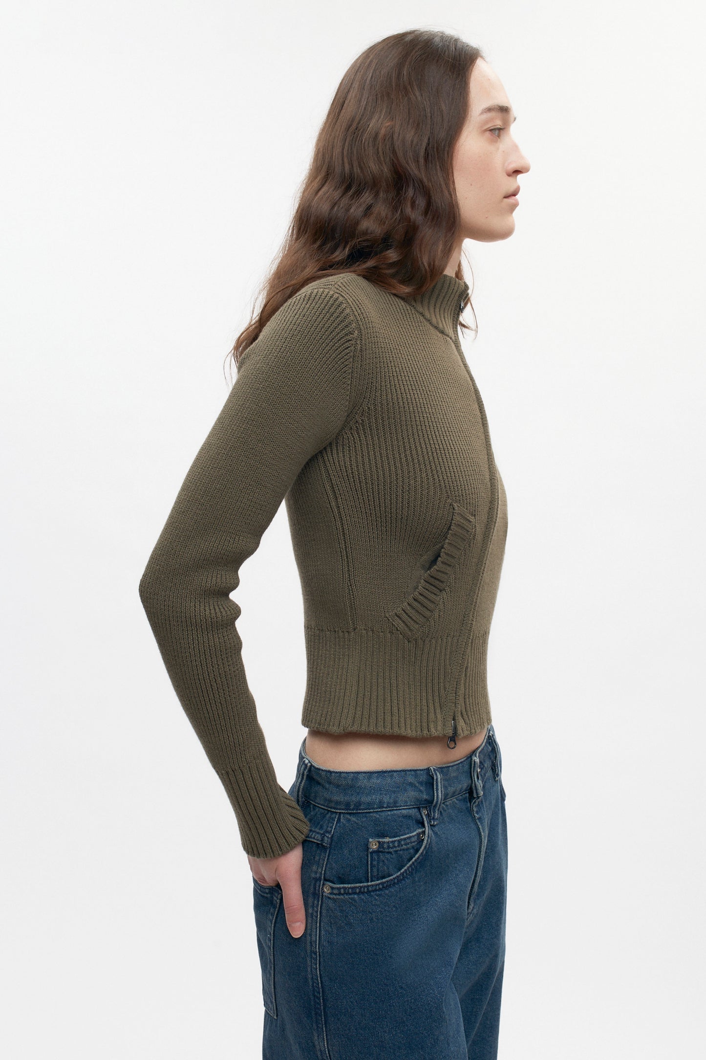 Women's Asymmetric Zip Sweater in Olive