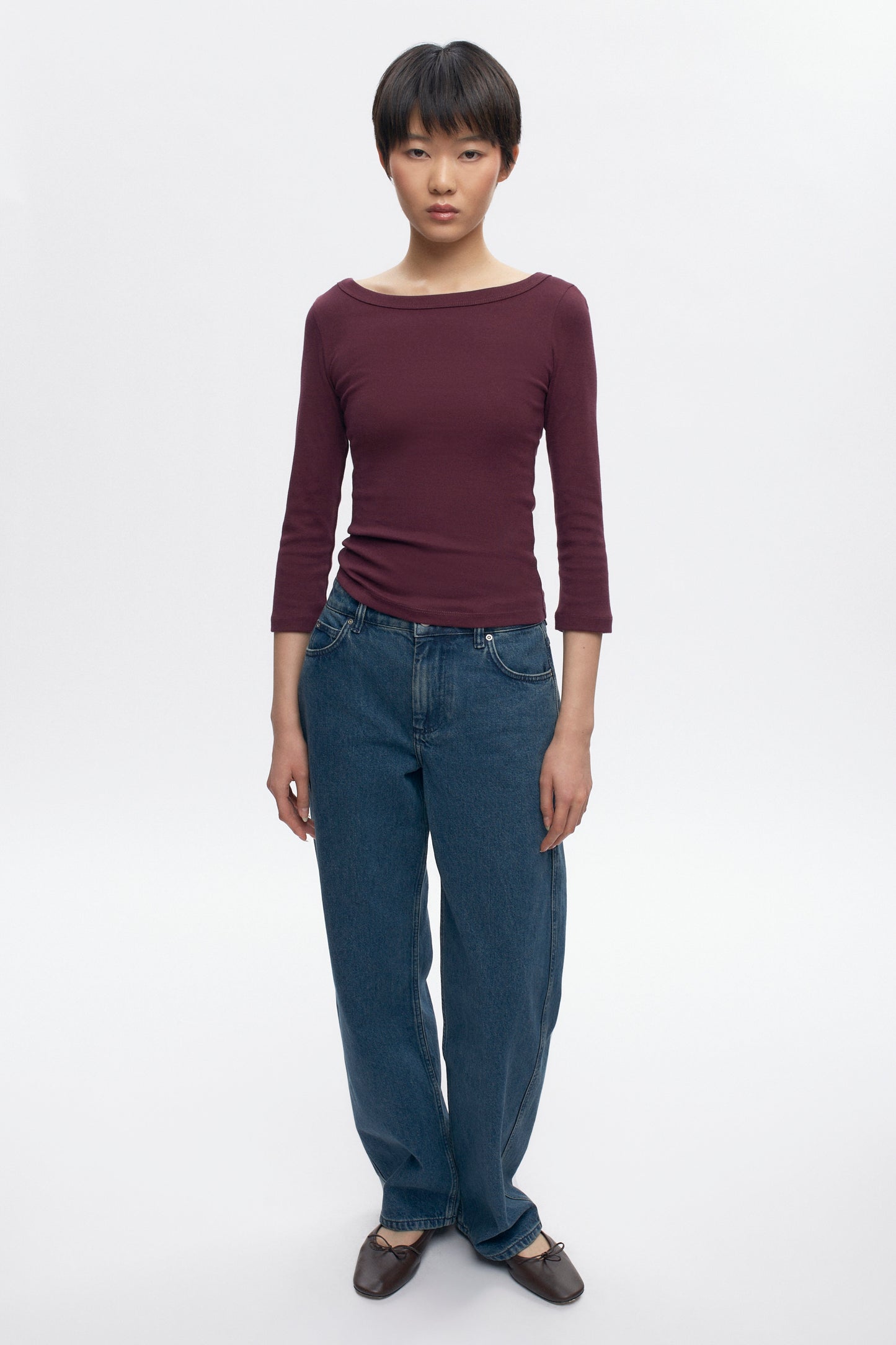 Women's Boatneck 3/4 Sleeve Top in Plum