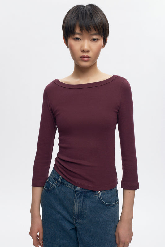 Women's Boatneck 3/4 Sleeve Top in Plum