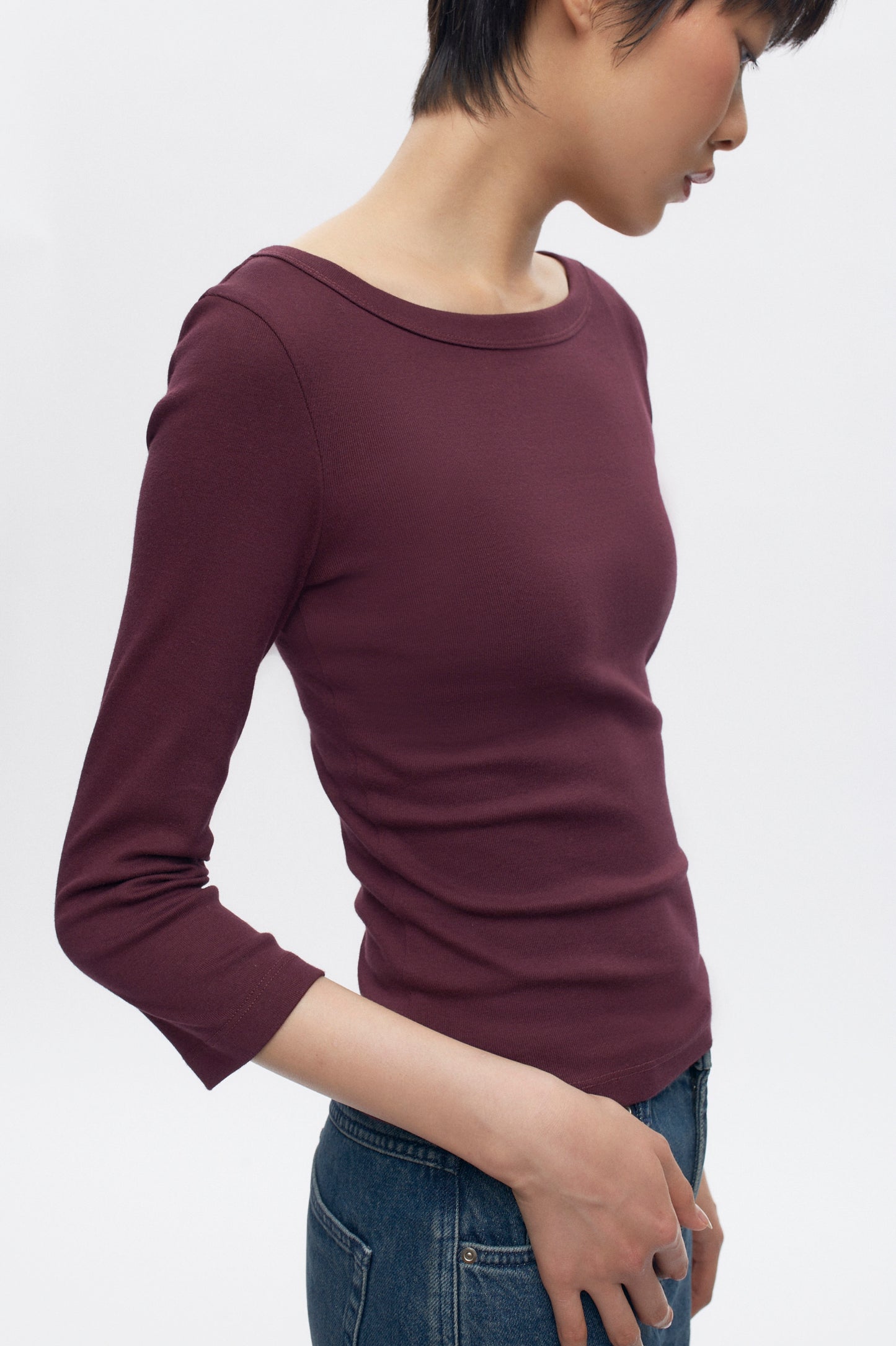 Women's Boatneck 3/4 Sleeve Top in Plum