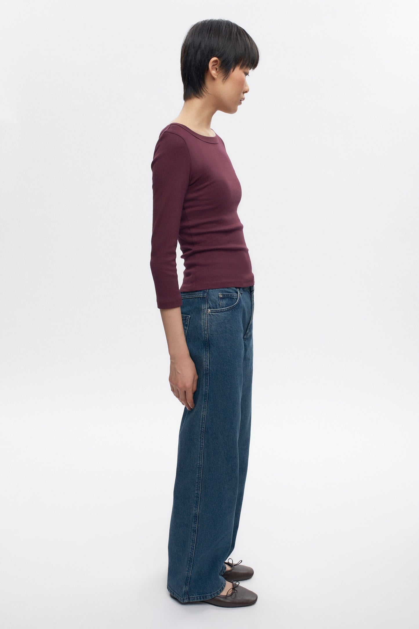 Women's Boatneck 3/4 Sleeve Top in Plum