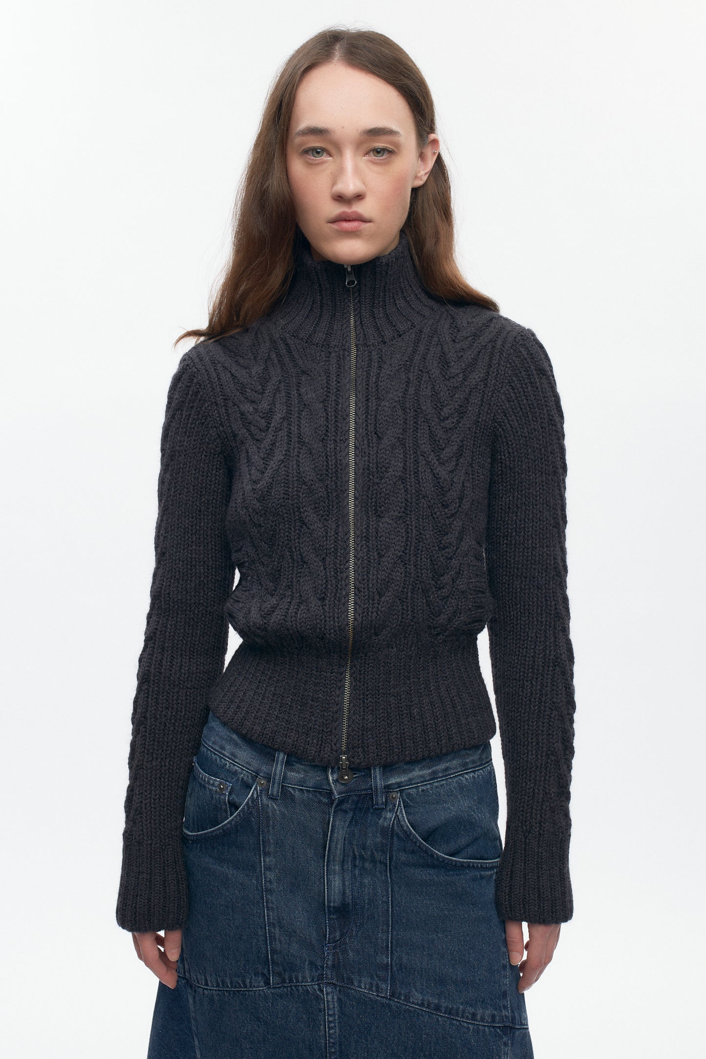 Women's Cable Zip Sweater in Dark Charcoal
