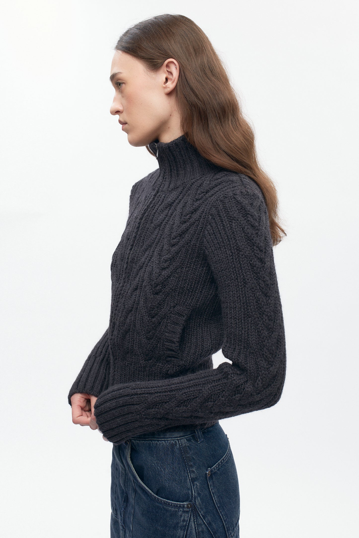 Women's Cable Zip Sweater in Dark Charcoal