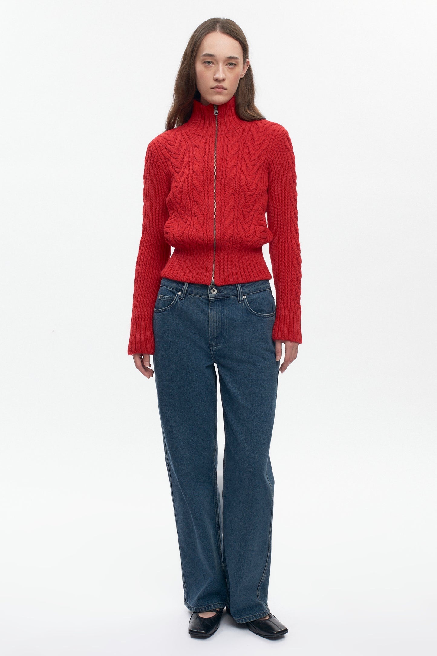 Women's Cable Zip Sweater in Fiery Red
