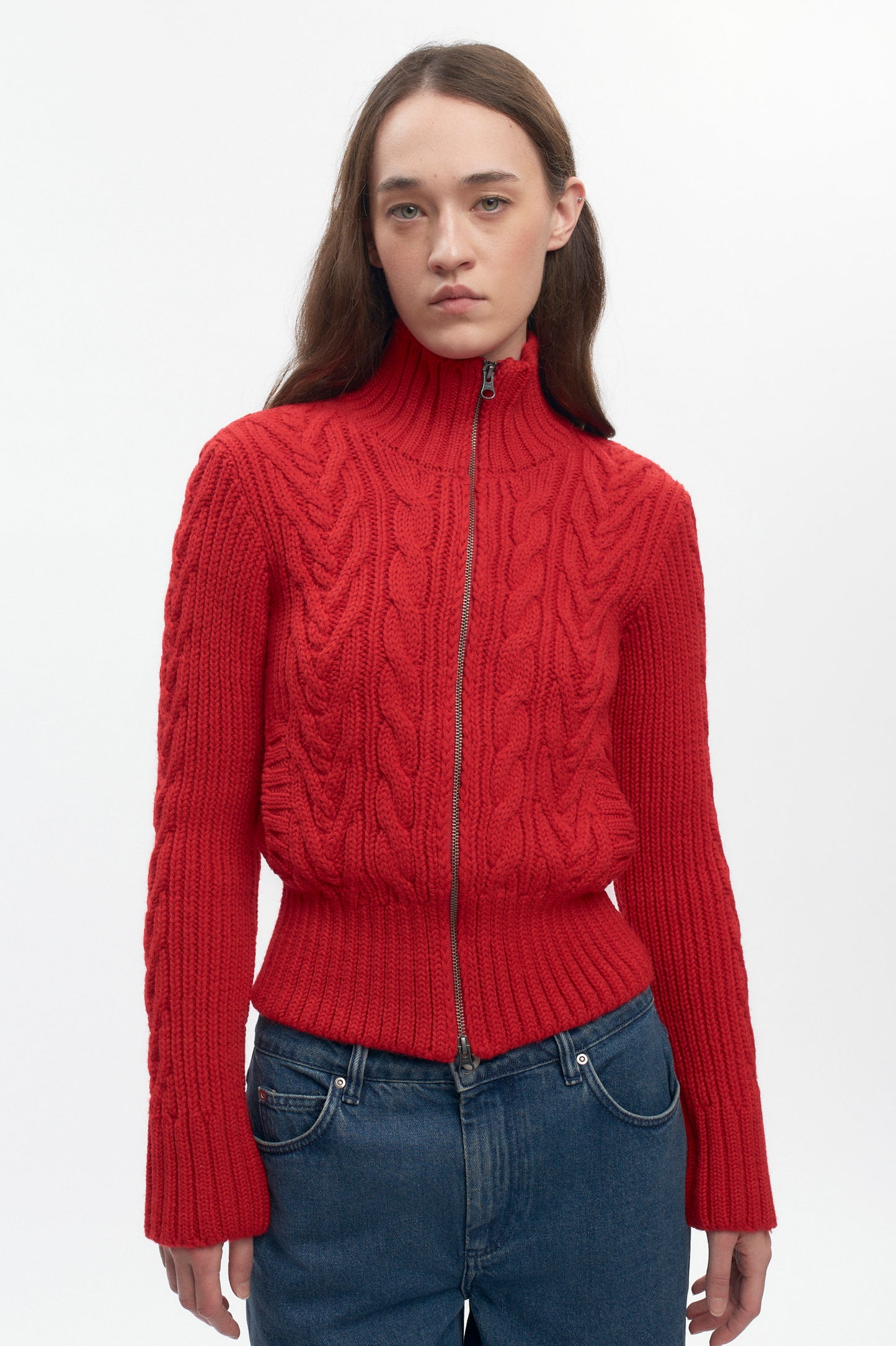 Women's Cable Zip Sweater in Fiery Red