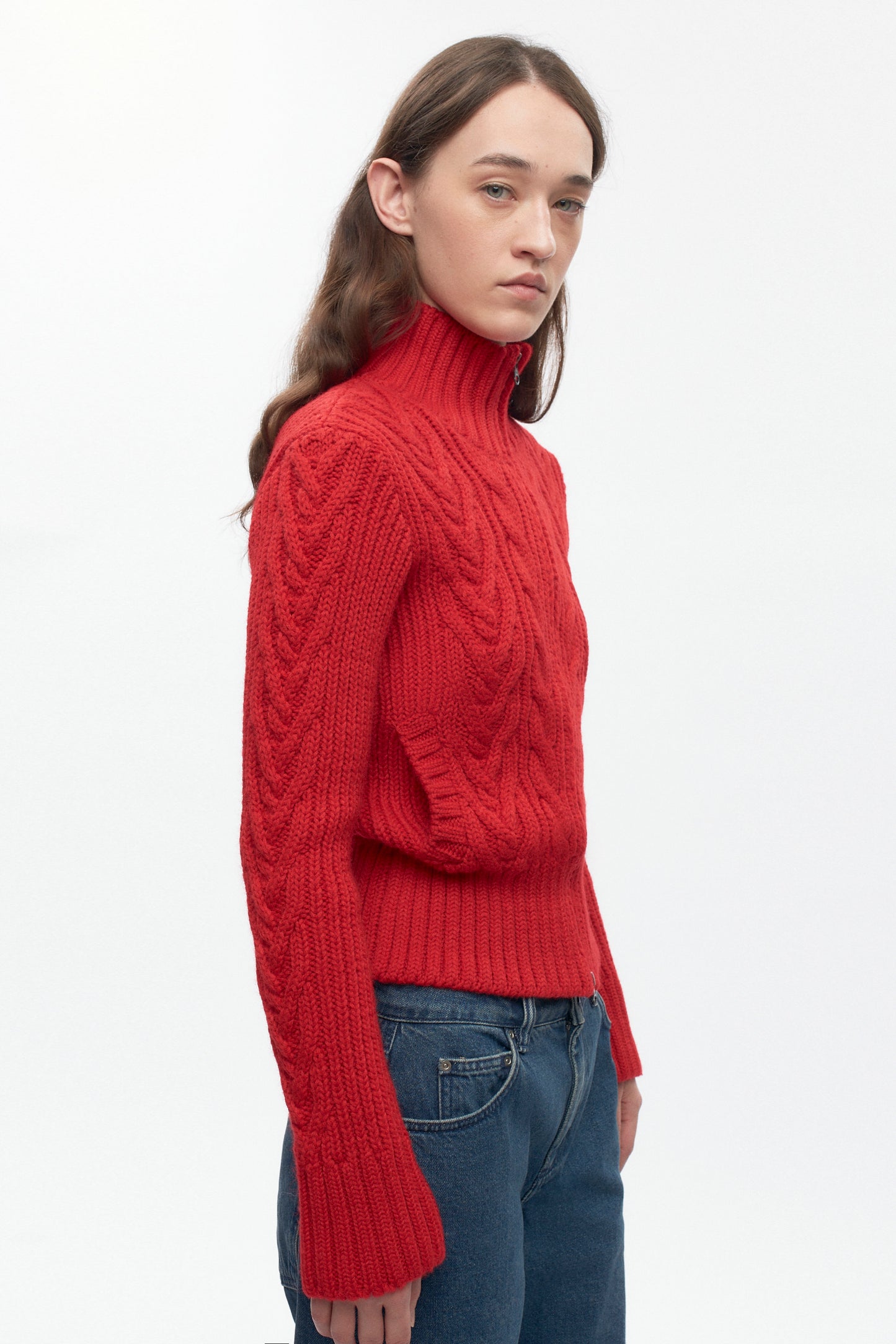 Women's Cable Zip Sweater in Fiery Red