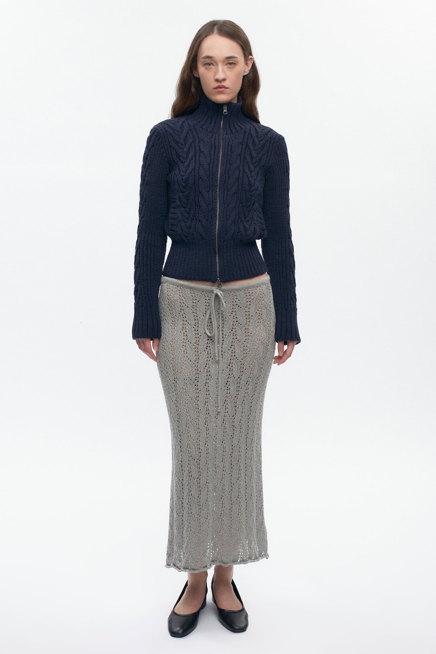 Women's Cable Zip Sweater in Midnight