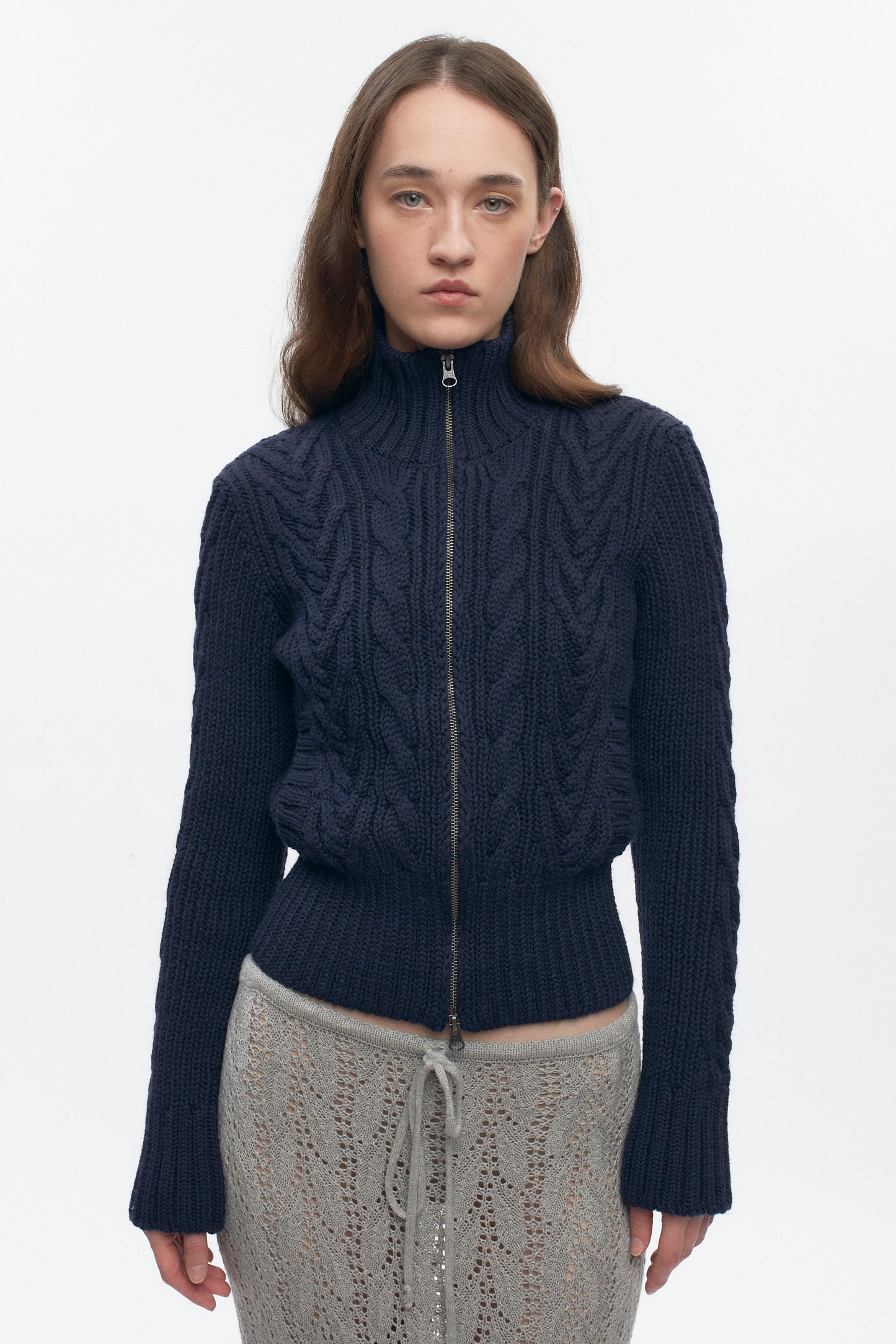 Women's Cable Zip Sweater in Midnight