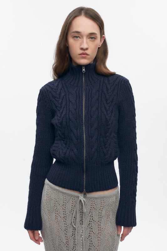 Women's Cable Zip Sweater in Midnight