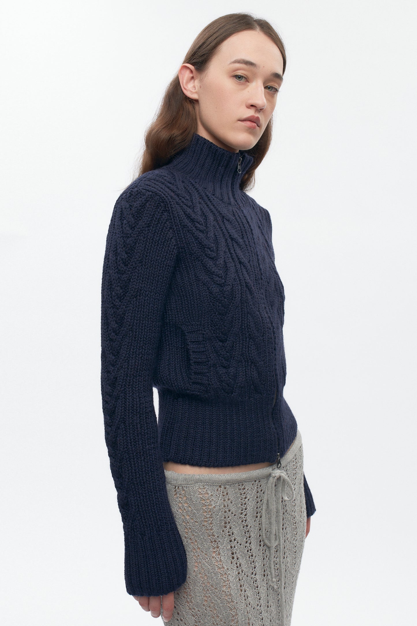 Women's Cable Zip Sweater in Midnight