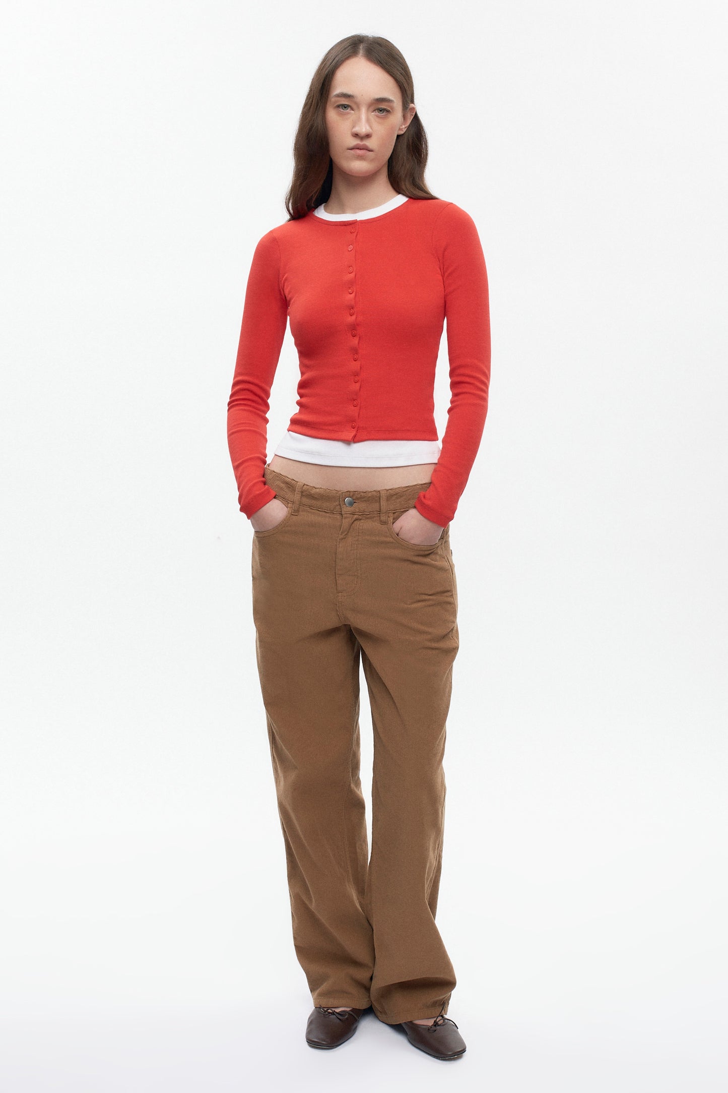 Women's Crew Neck Cardigan in Fiery Red