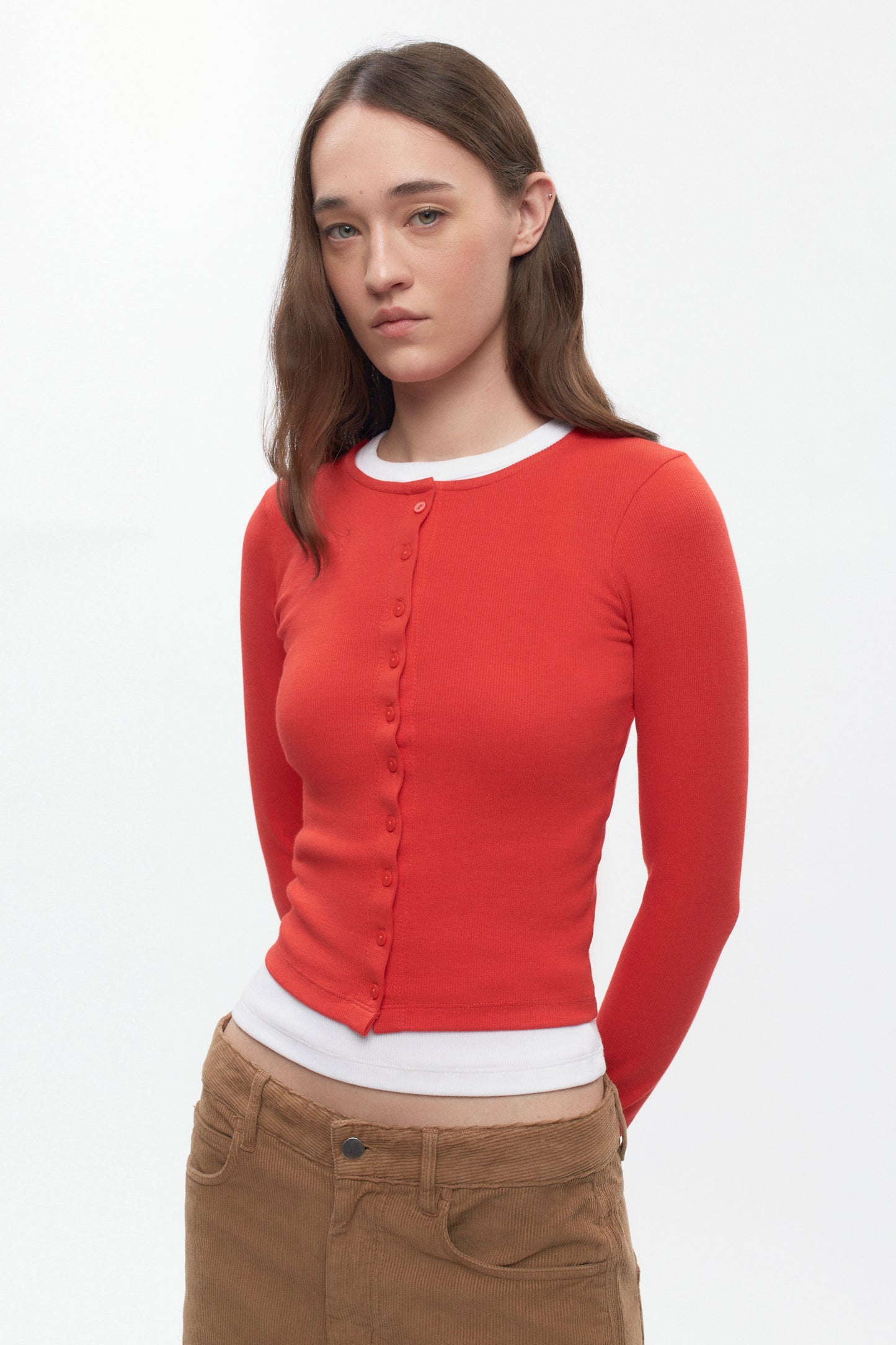 Women's Crew Neck Cardigan in Fiery Red