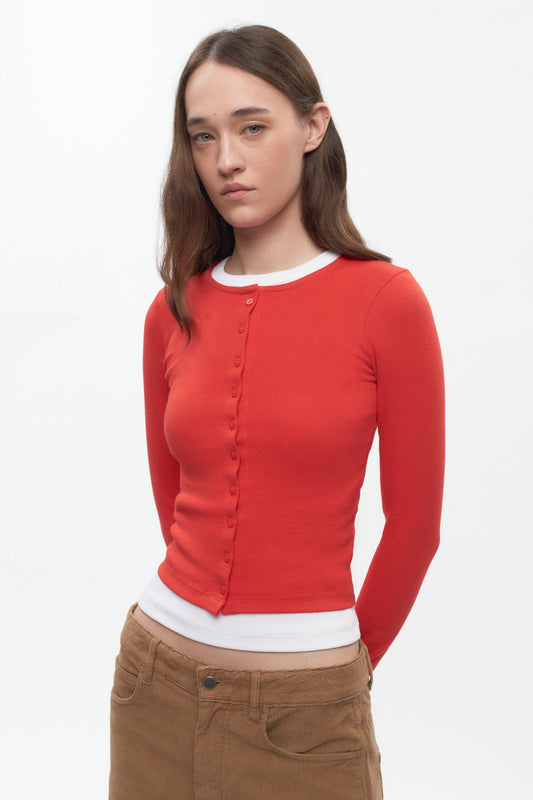 Women's Crew Neck Cardigan in Fiery Red