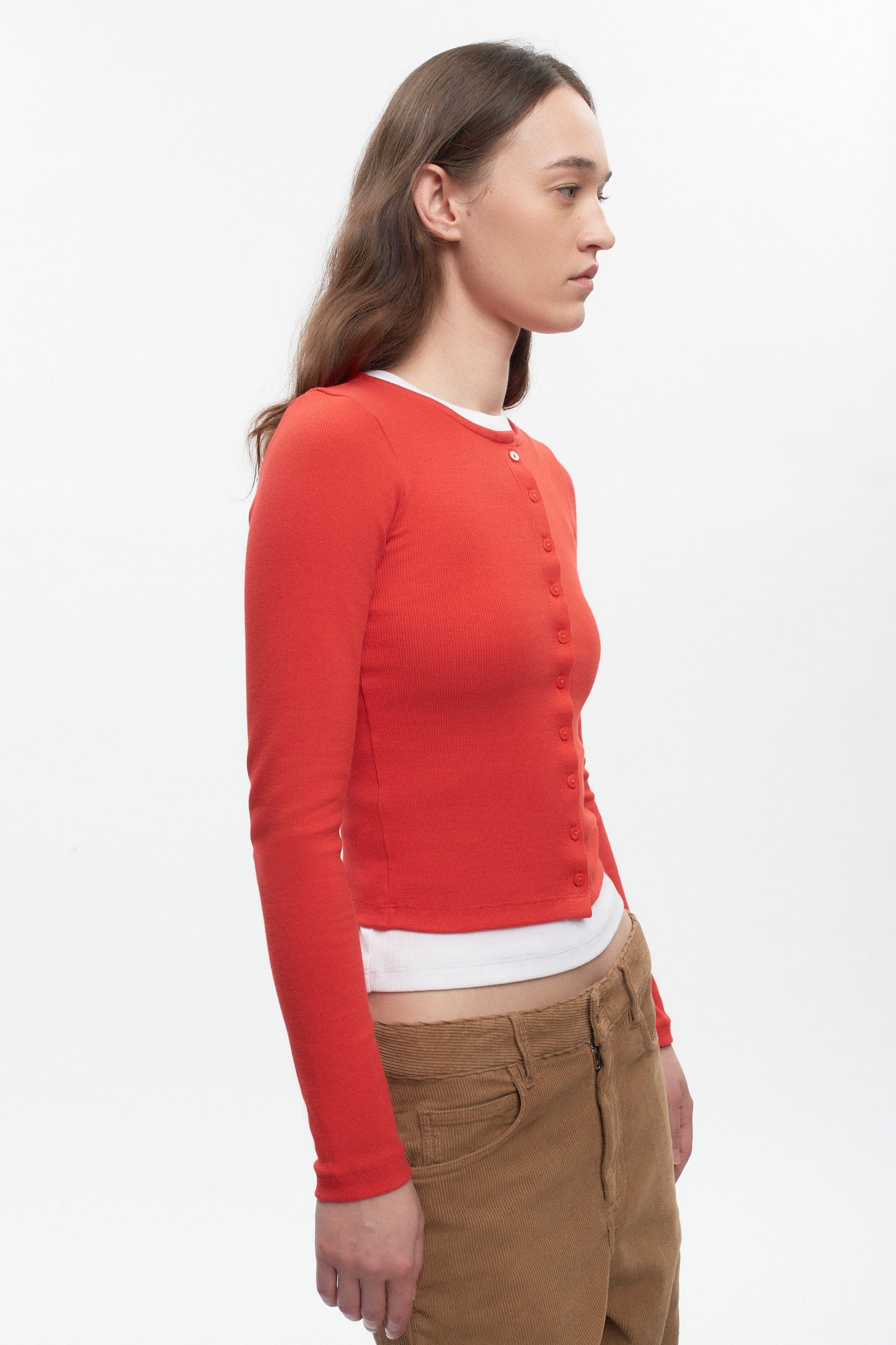 Women's Crew Neck Cardigan in Fiery Red