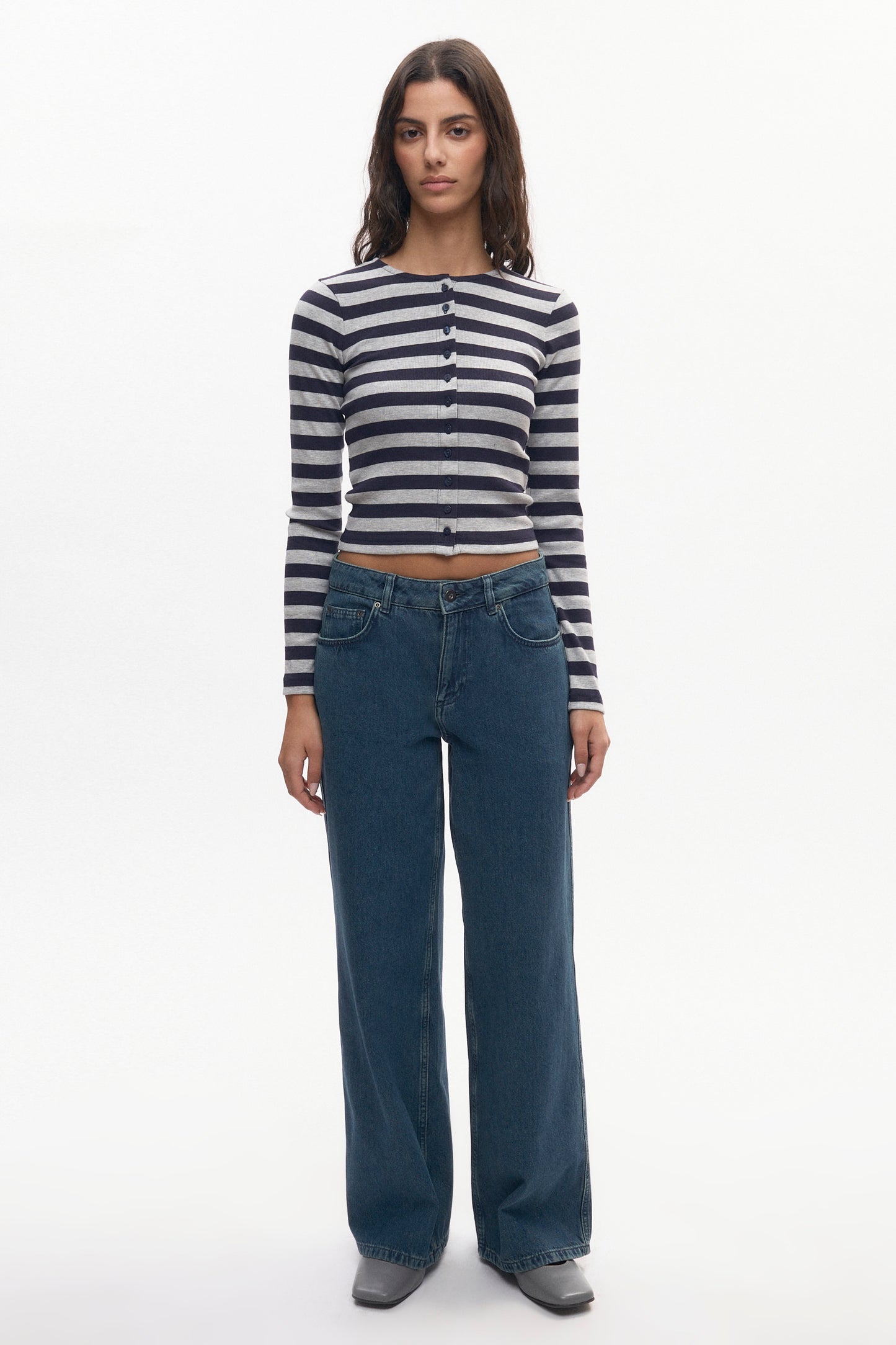 Women's Crew Neck Cardigan in Midnight/Heather Grey Stripe