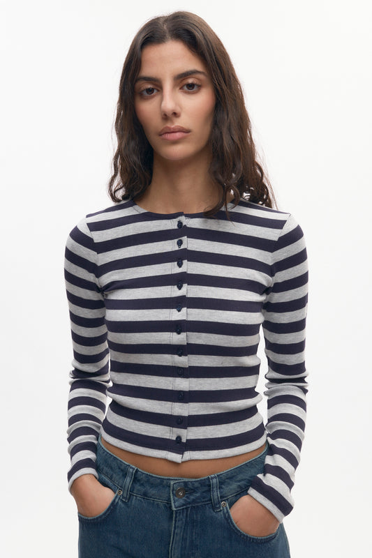 Women's Crew Neck Cardigan in Midnight/Heather Grey Stripe