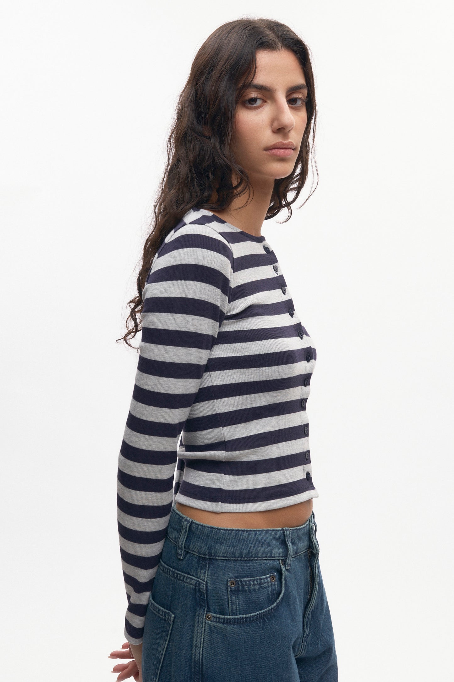 Women's Crew Neck Cardigan in Midnight/Heather Grey Stripe
