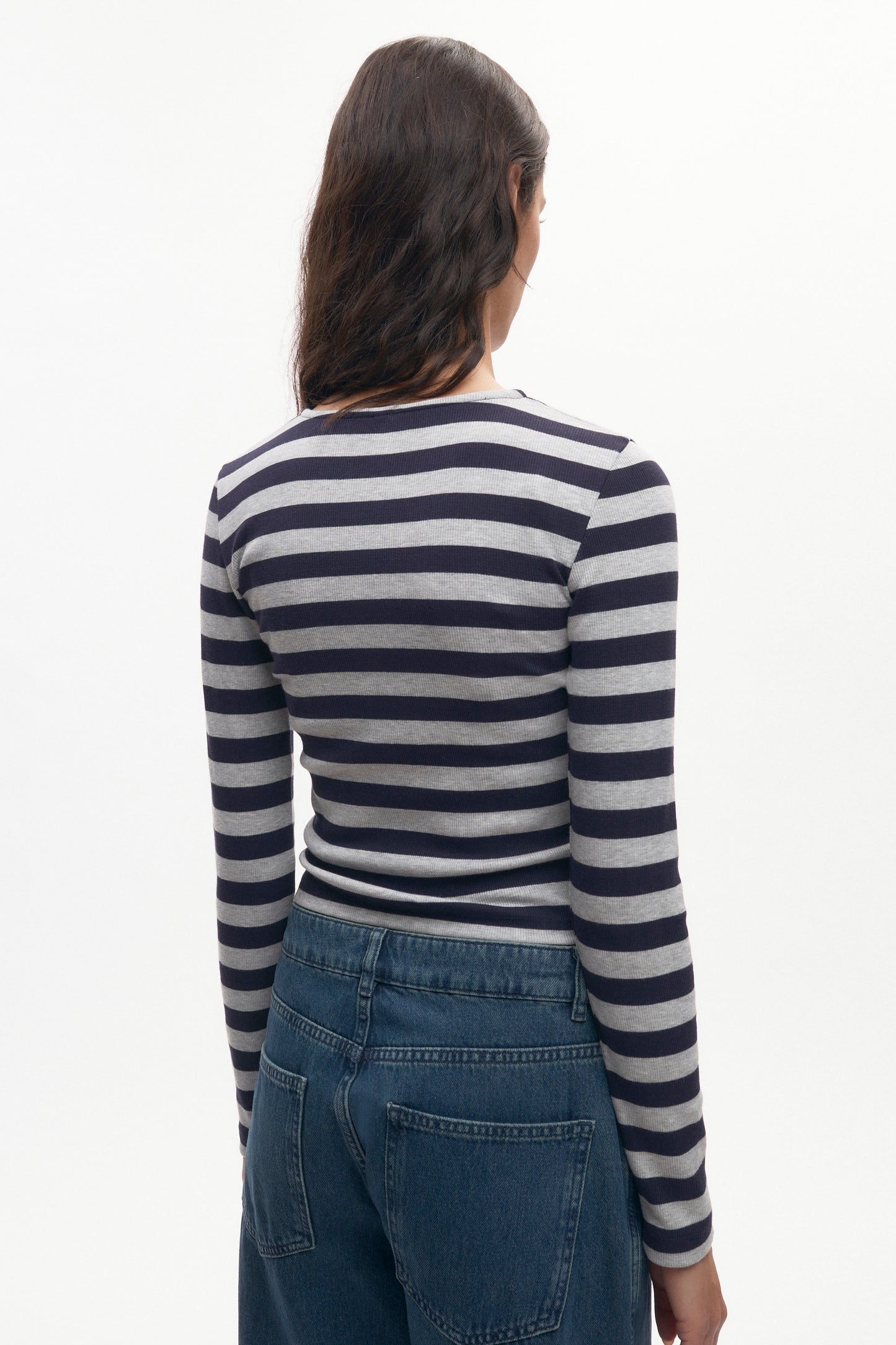 Women's Crew Neck Cardigan in Midnight/Heather Grey Stripe