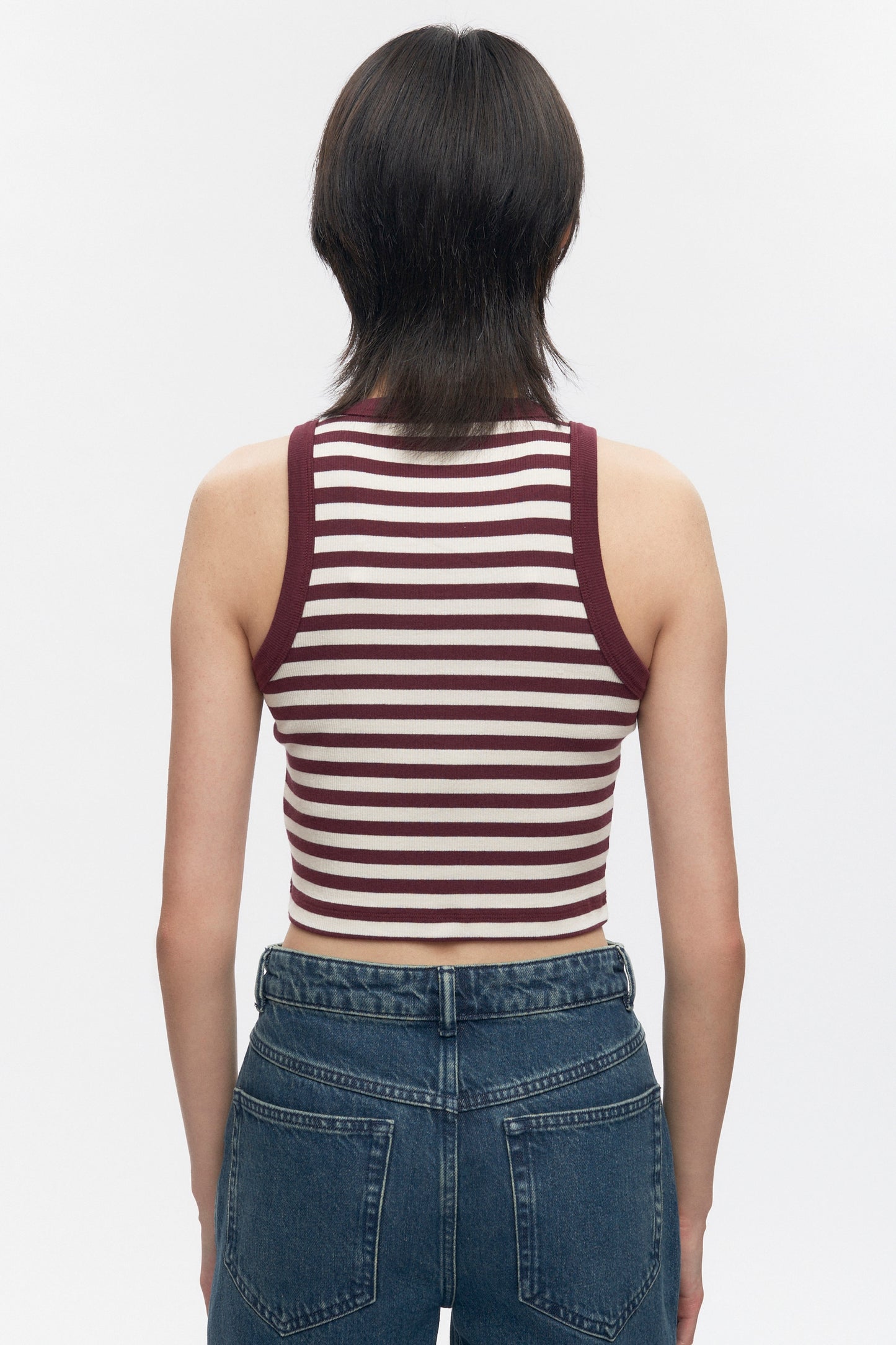 Women's Crop Racer Tank in Plum/Marshmallow Stripe