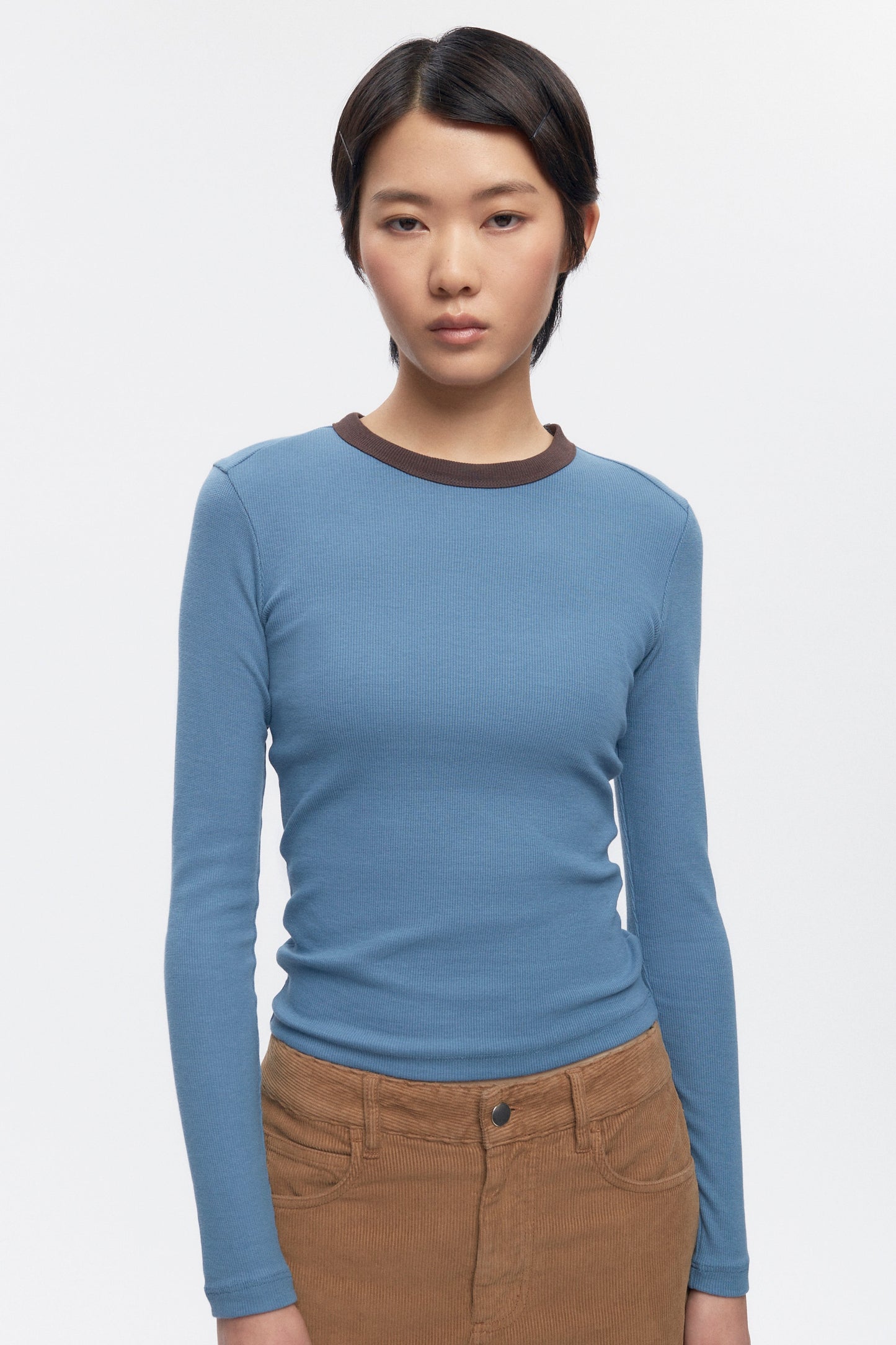 Women's Fitted Rib Longsleeve in Delta/Coffee Bean