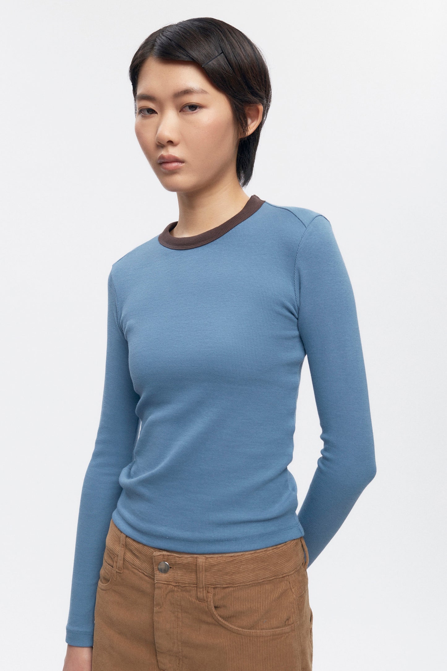 Women's Fitted Rib Longsleeve in Delta/Coffee Bean