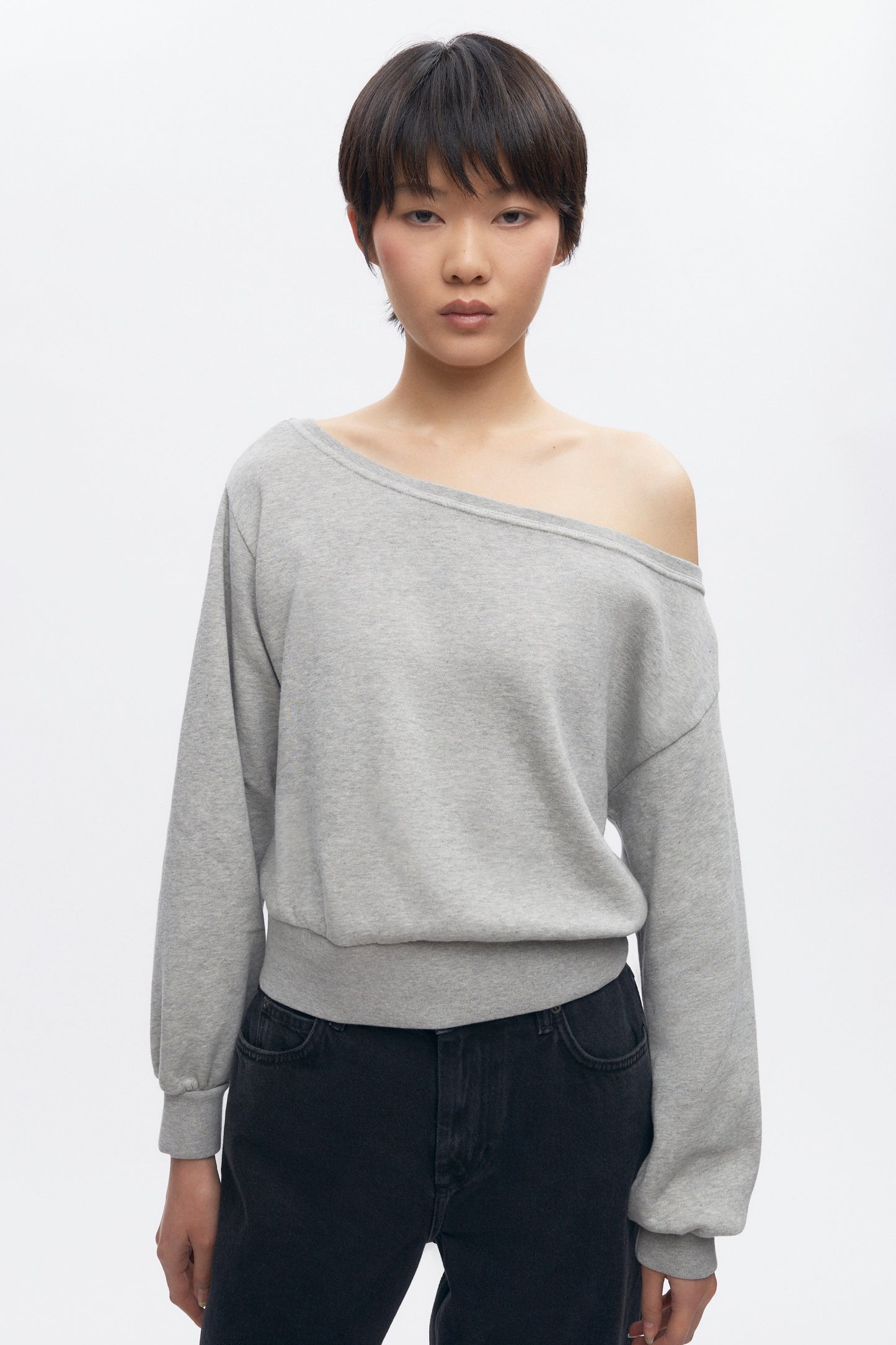 Women's Off Shoulder Sweatshirt in Heather Grey
