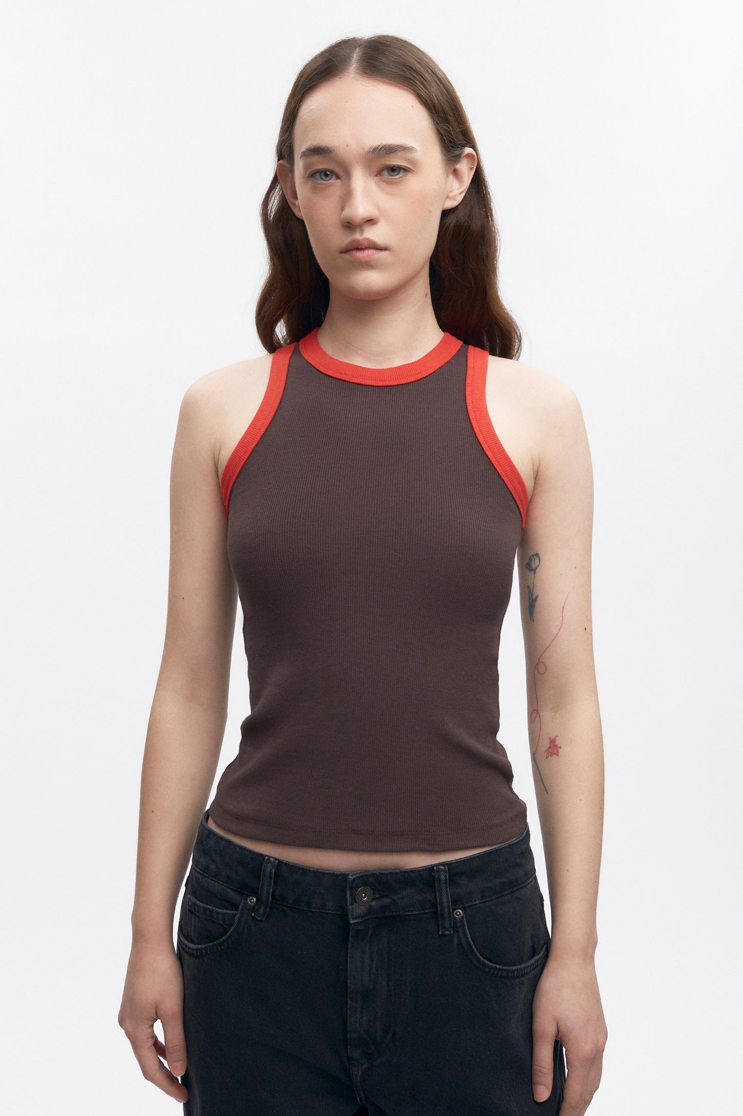 Women's Racer Tank in Coffee Bean/Fiery Red