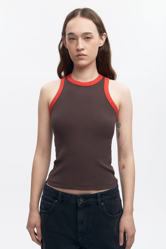 Women's Racer Tank in Coffee Bean/Fiery Red