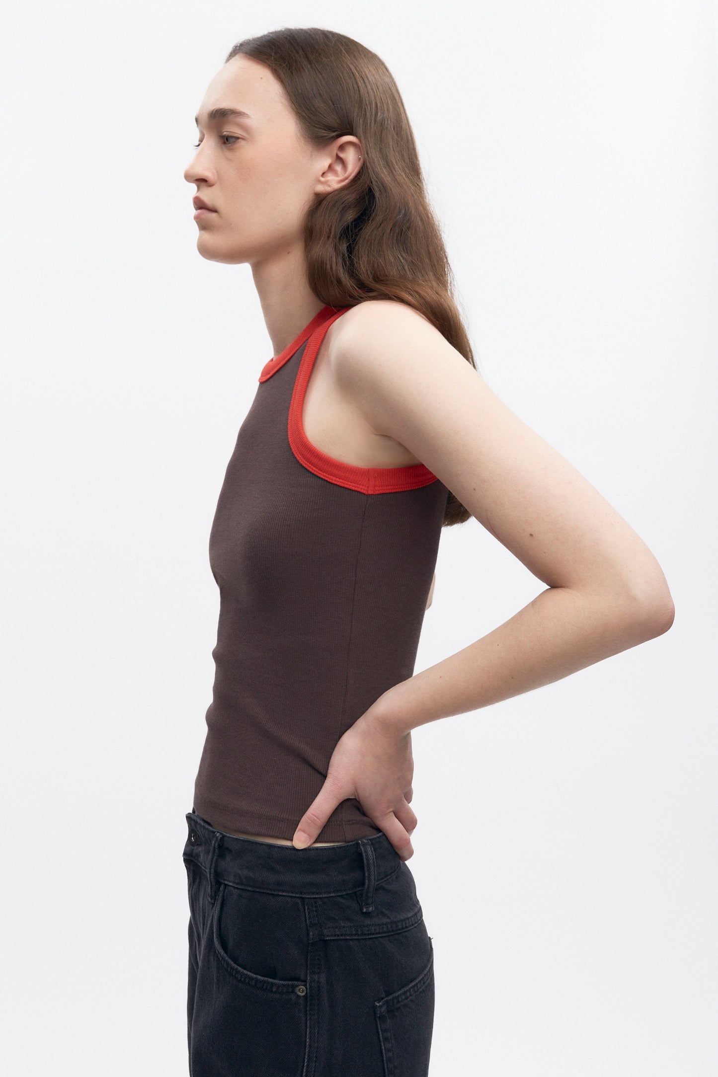 Women's Racer Tank in Coffee Bean/Fiery Red