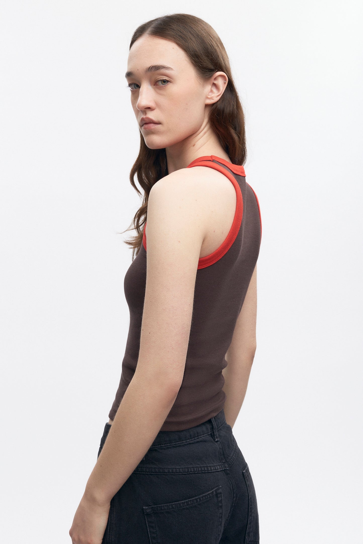 Women's Racer Tank in Coffee Bean/Fiery Red