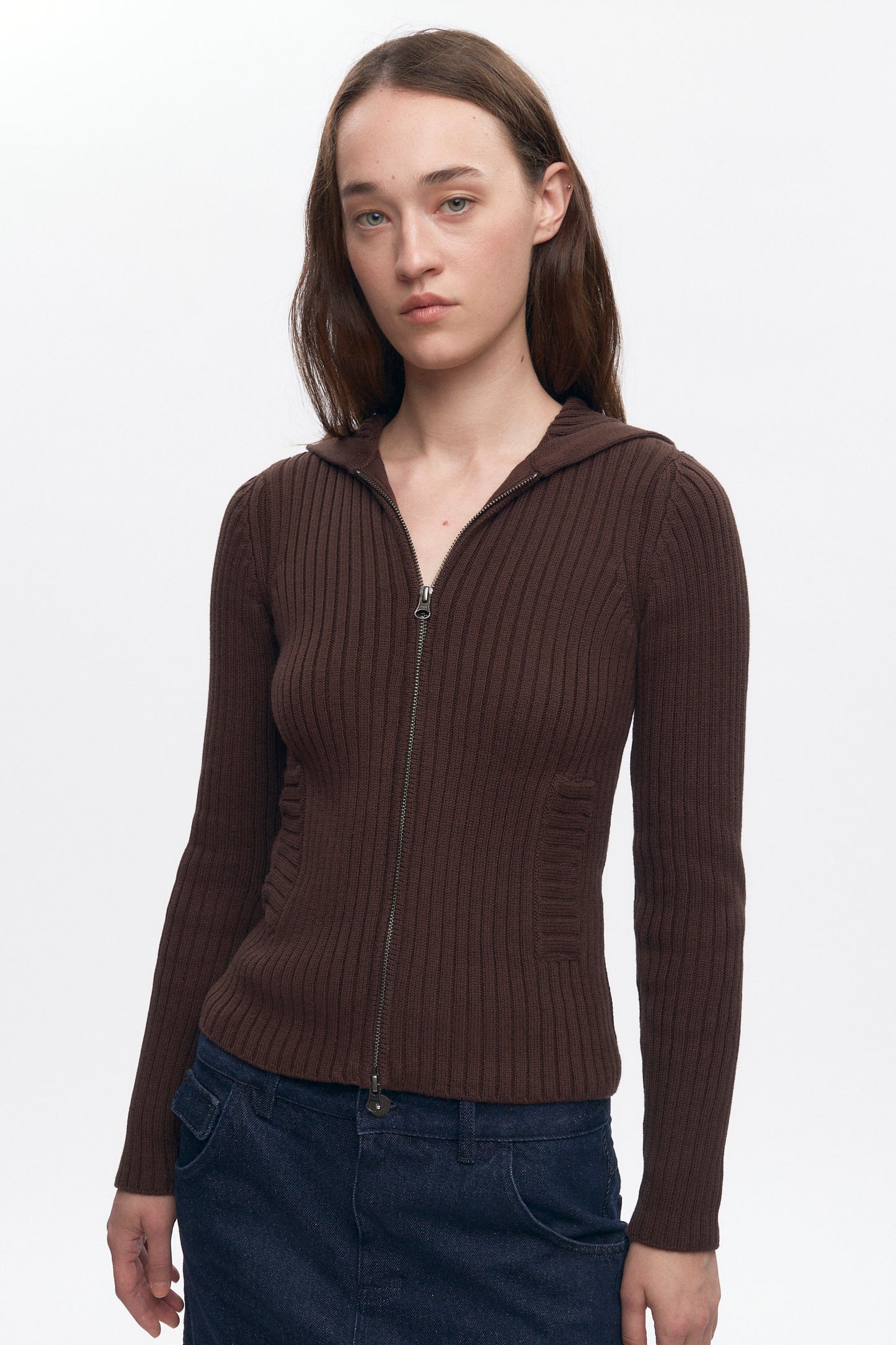 Women's Rib Zip Hoodie in Coffee Bean