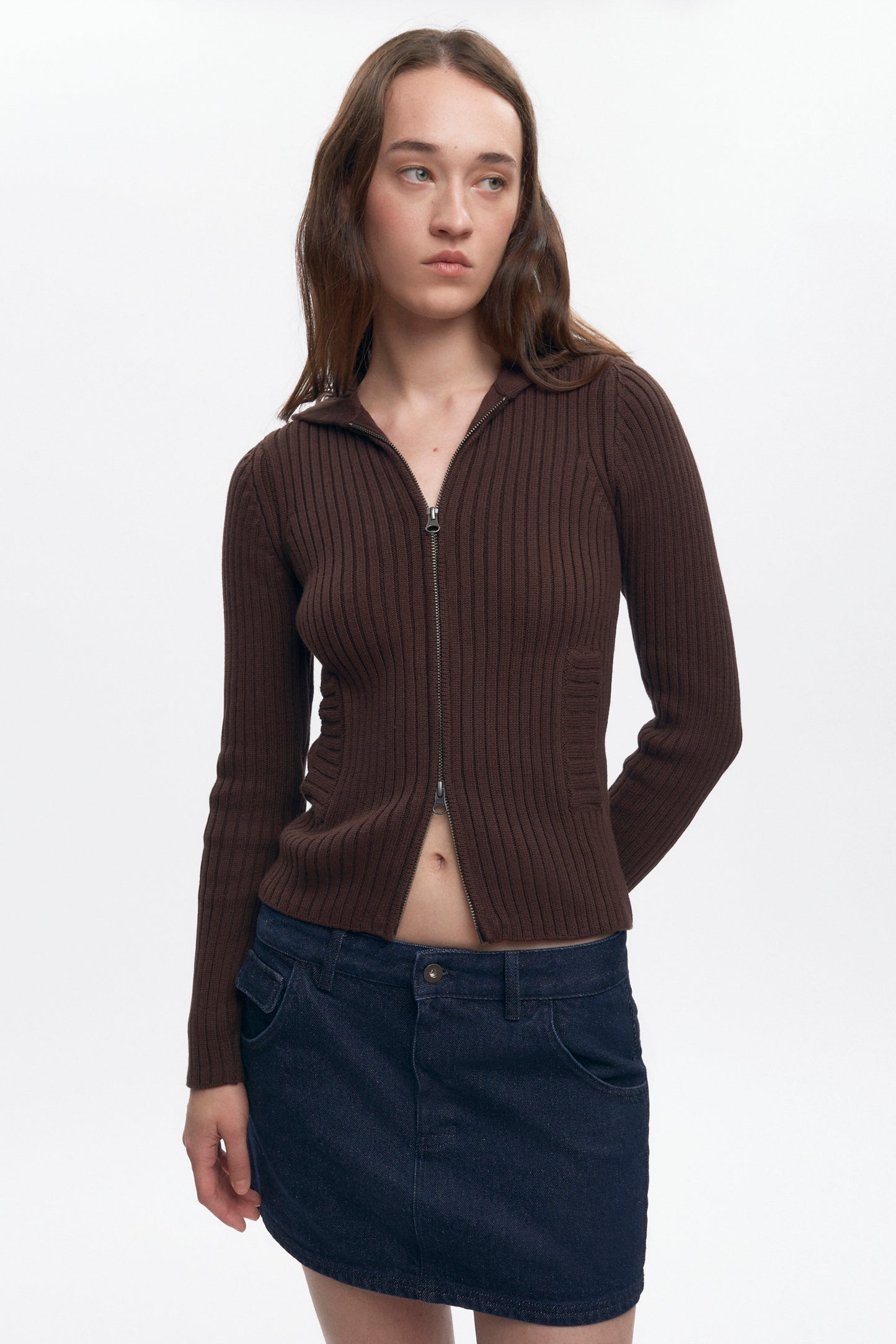 Women's Rib Zip Hoodie in Coffee Bean