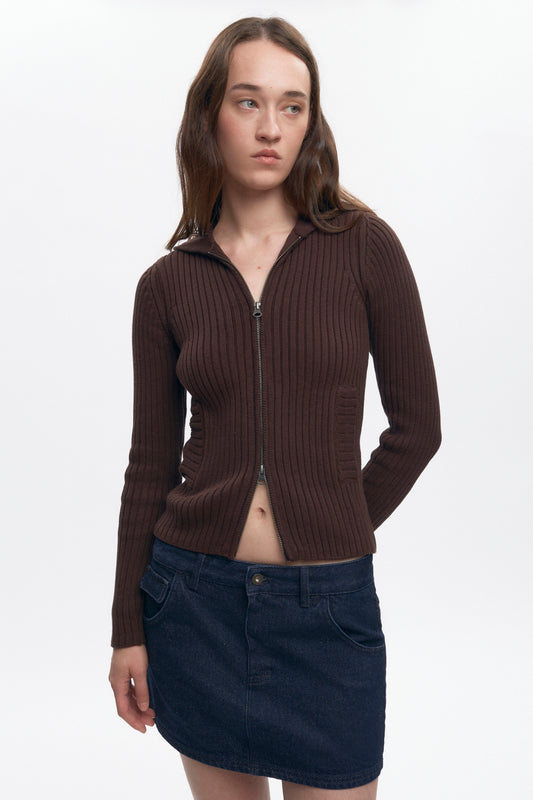 Women's Rib Zip Hoodie in Coffee Bean