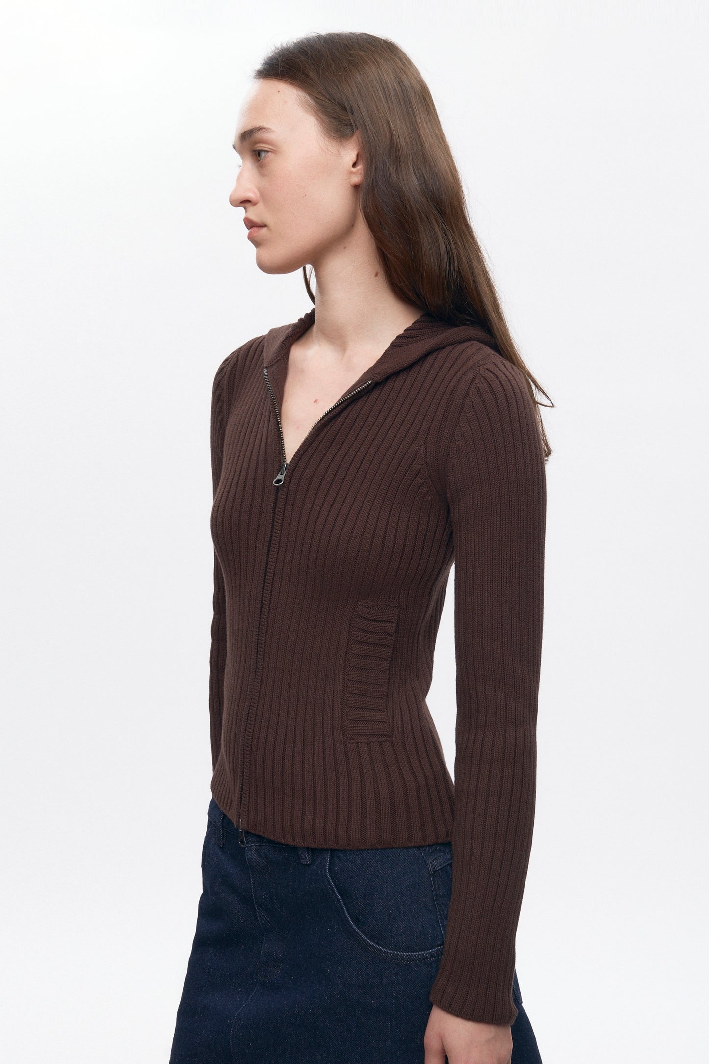 Women's Rib Zip Hoodie in Coffee Bean