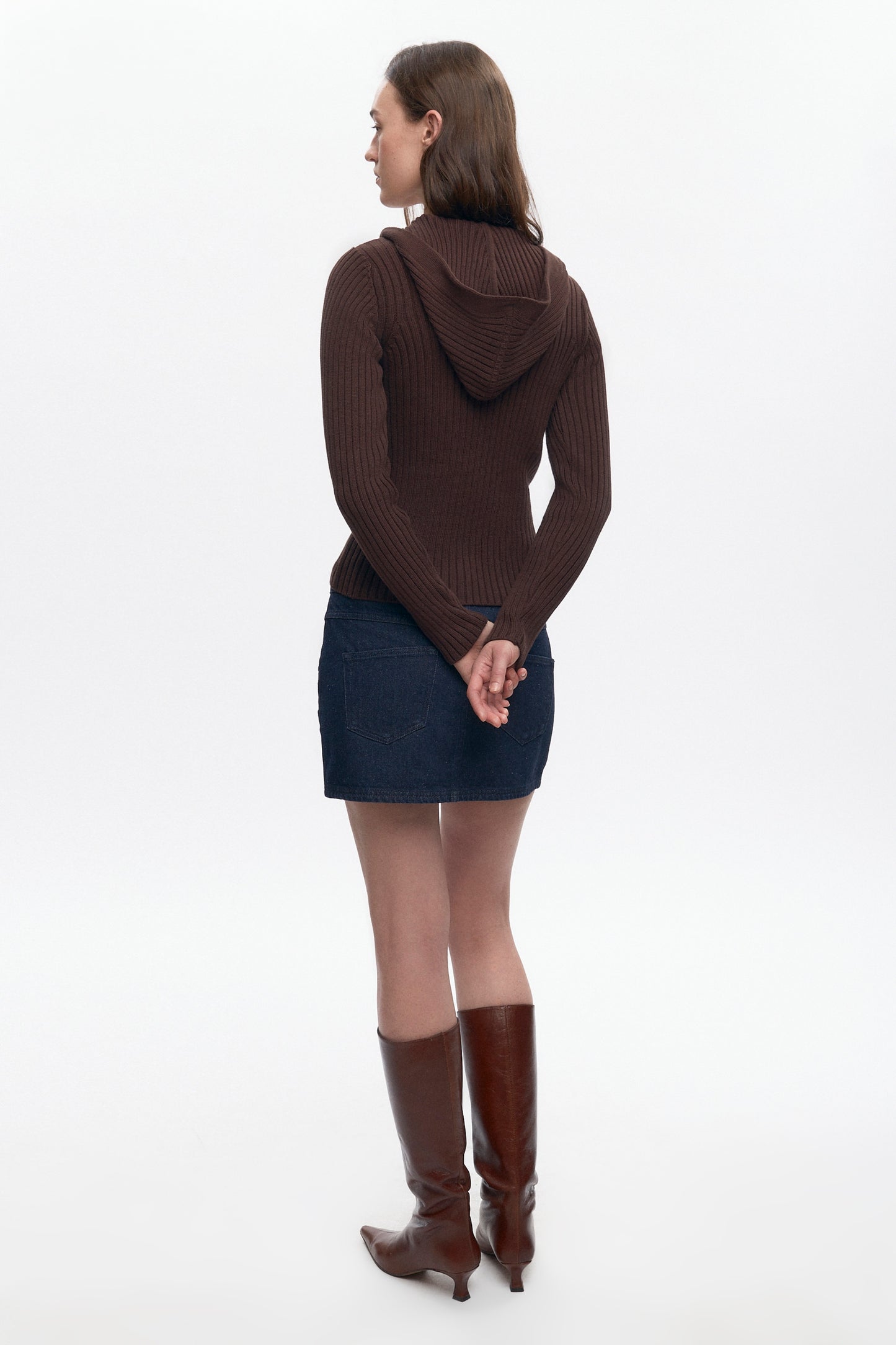 Women's Rib Zip Hoodie in Coffee Bean