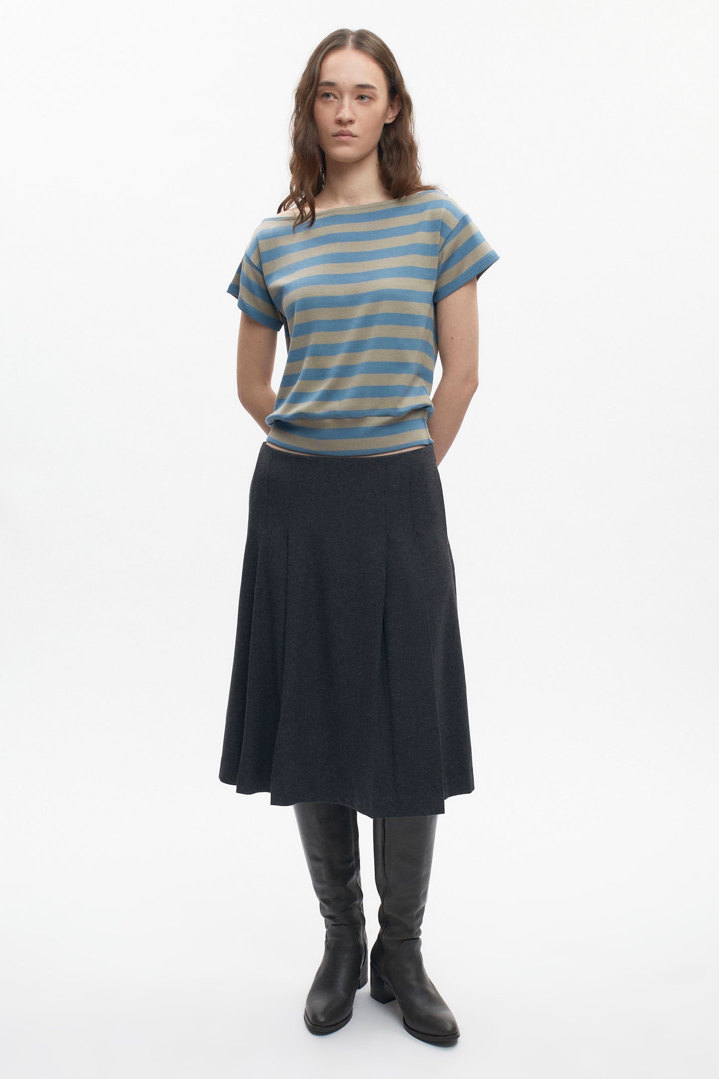 Women's Striped Boatneck Banded Tee in Delta/Desert Stripe