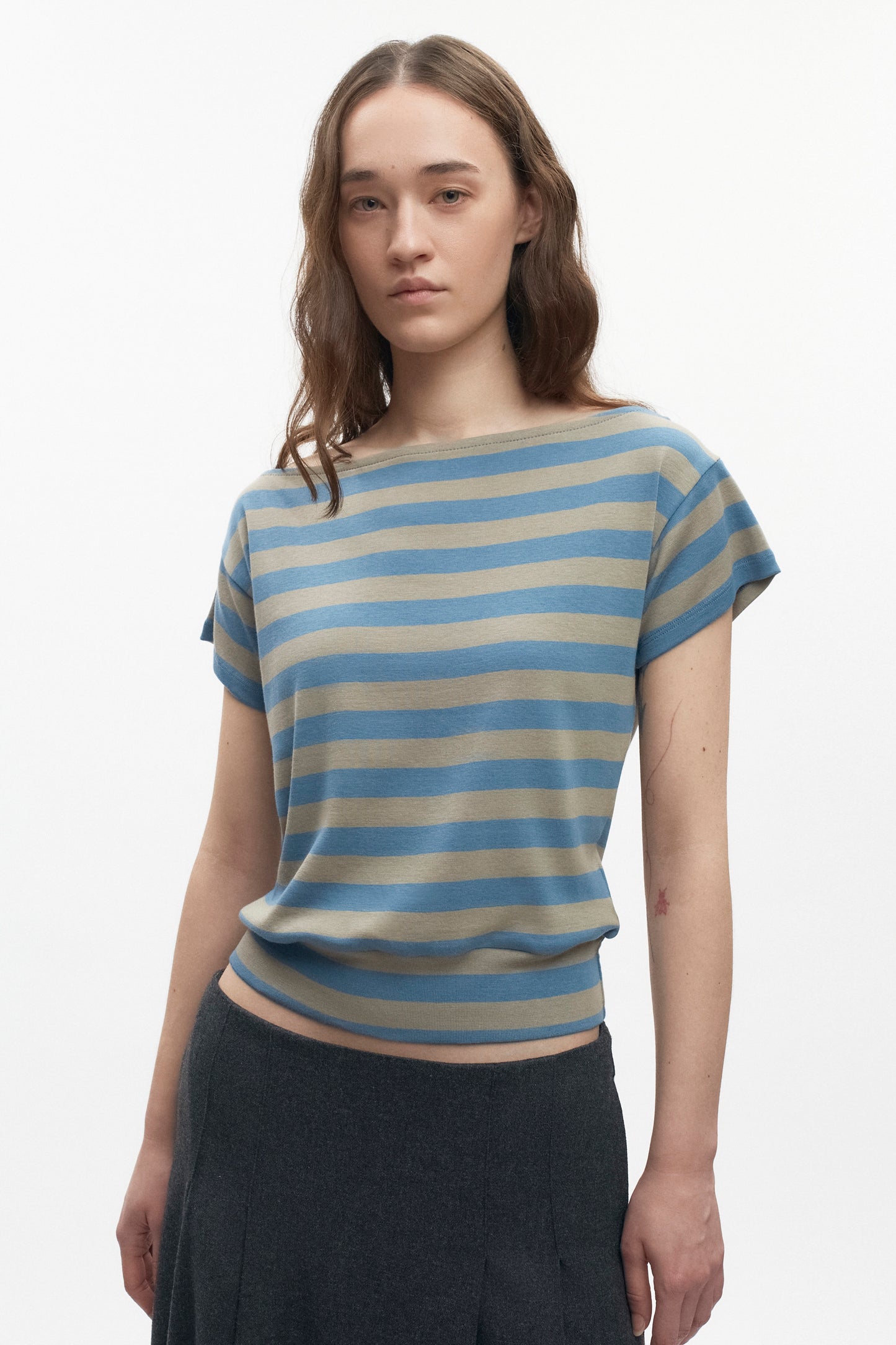 Women's Striped Boatneck Banded Tee in Delta/Desert Stripe