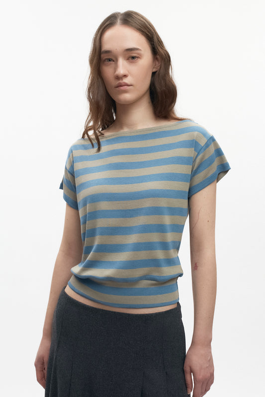 Women's Striped Boatneck Banded Tee in Delta/Desert Stripe