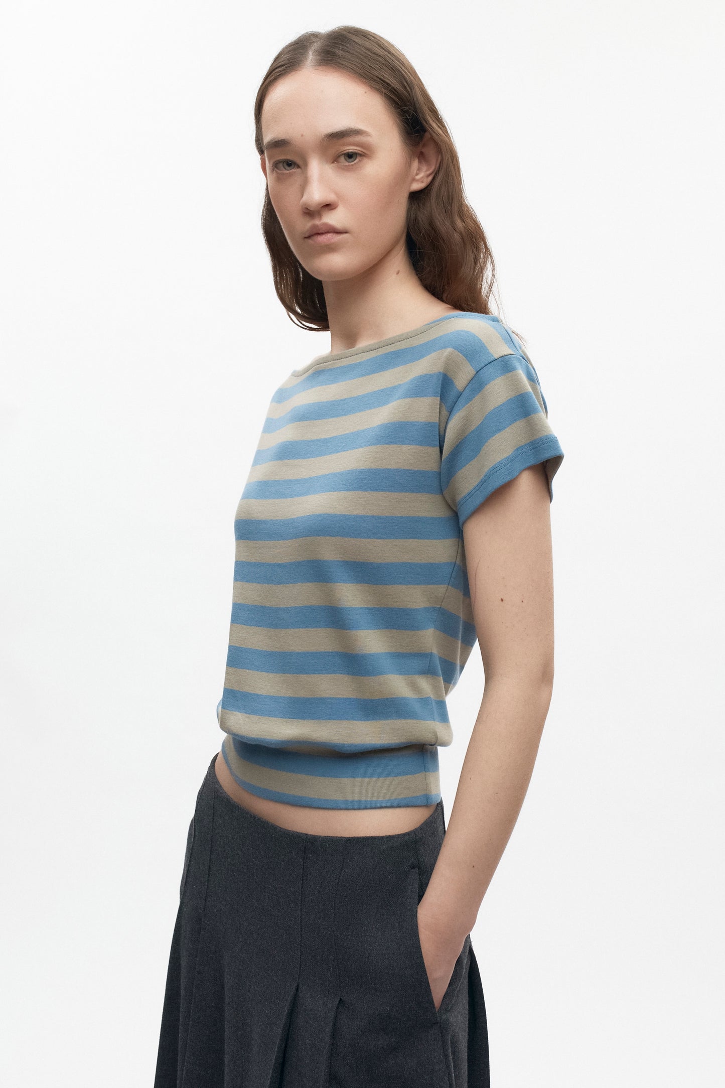 Women's Striped Boatneck Banded Tee in Delta/Desert Stripe