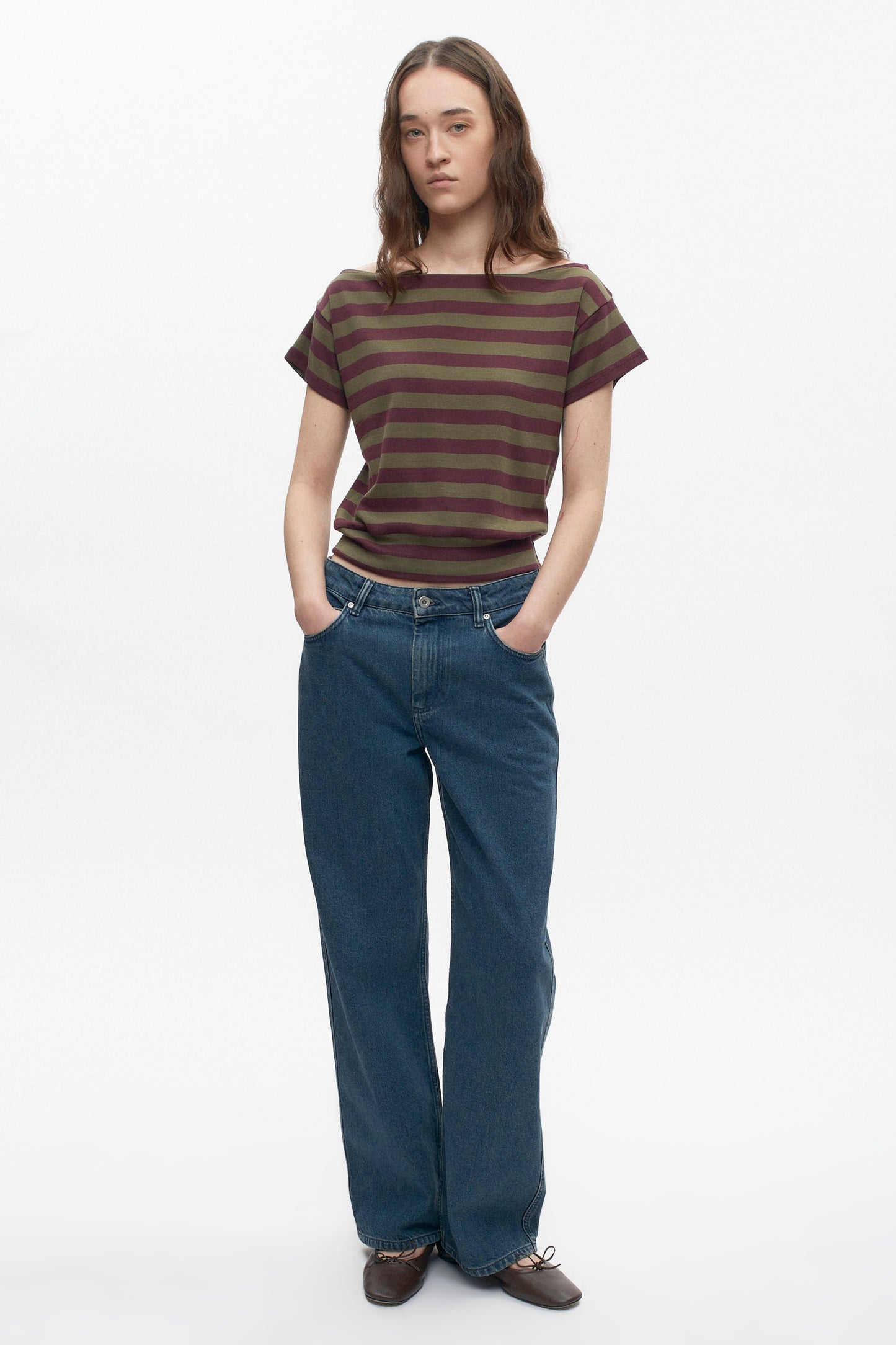 Women's Striped Boatneck Banded Tee in Plum/Olive Stripe