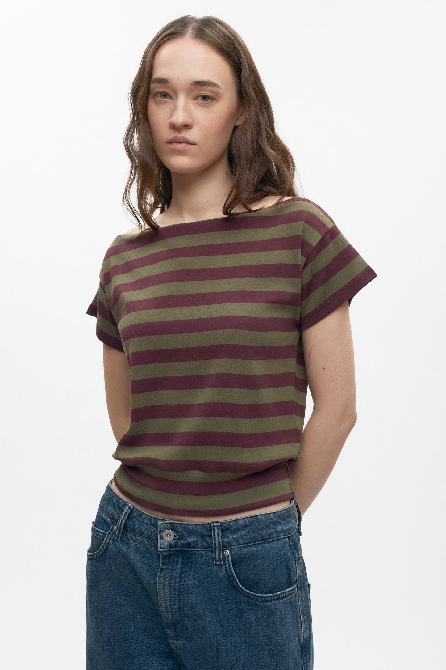 Women's Striped Boatneck Banded Tee in Plum/Olive Stripe