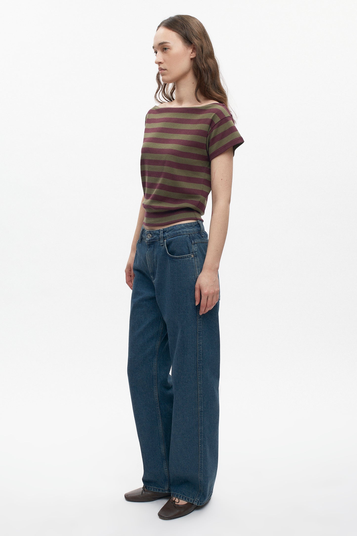 Women's Striped Boatneck Banded Tee in Plum/Olive Stripe